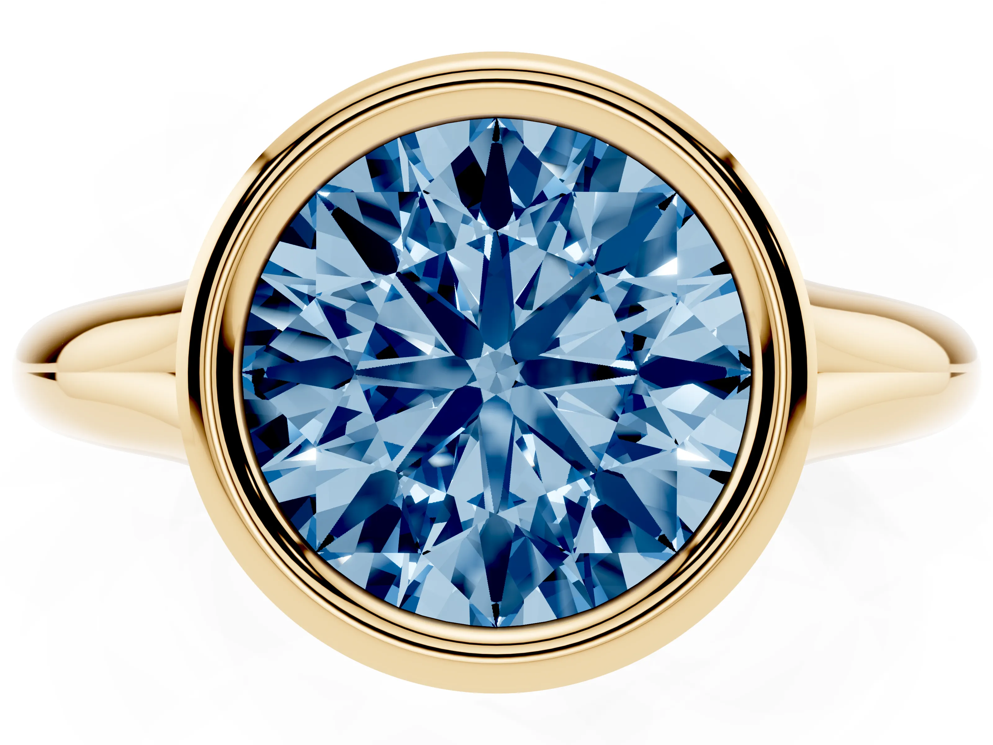Fancy Blue Bezel Set Round Cut Diamond Solitaire Ring Set in Yellow gold with Smooth Band