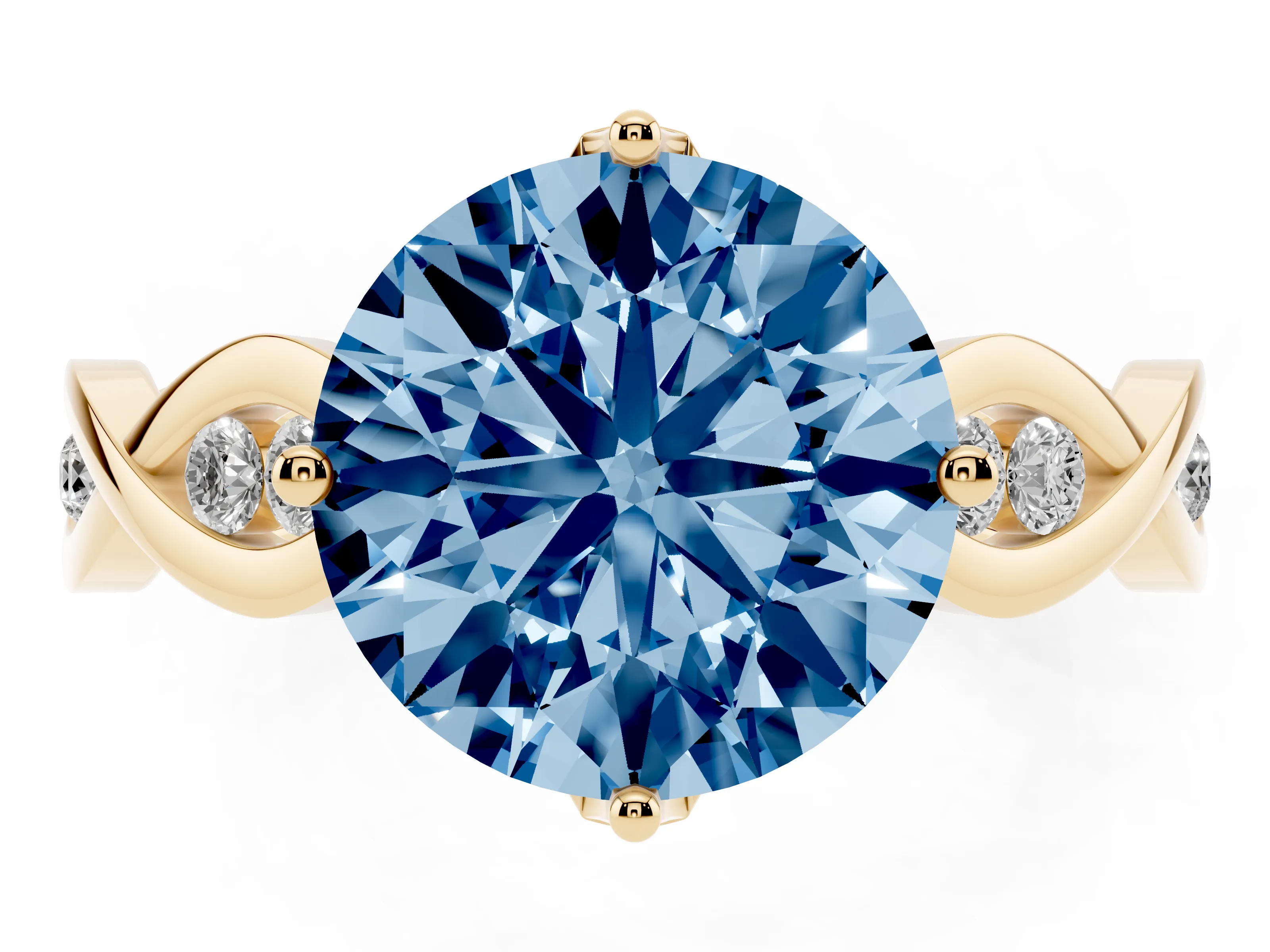 Fancy Blue Round Cut Diamond Twist Band Solitaire Ring Set in Yellow gold with Leaf Prong Setting and Accent Stones