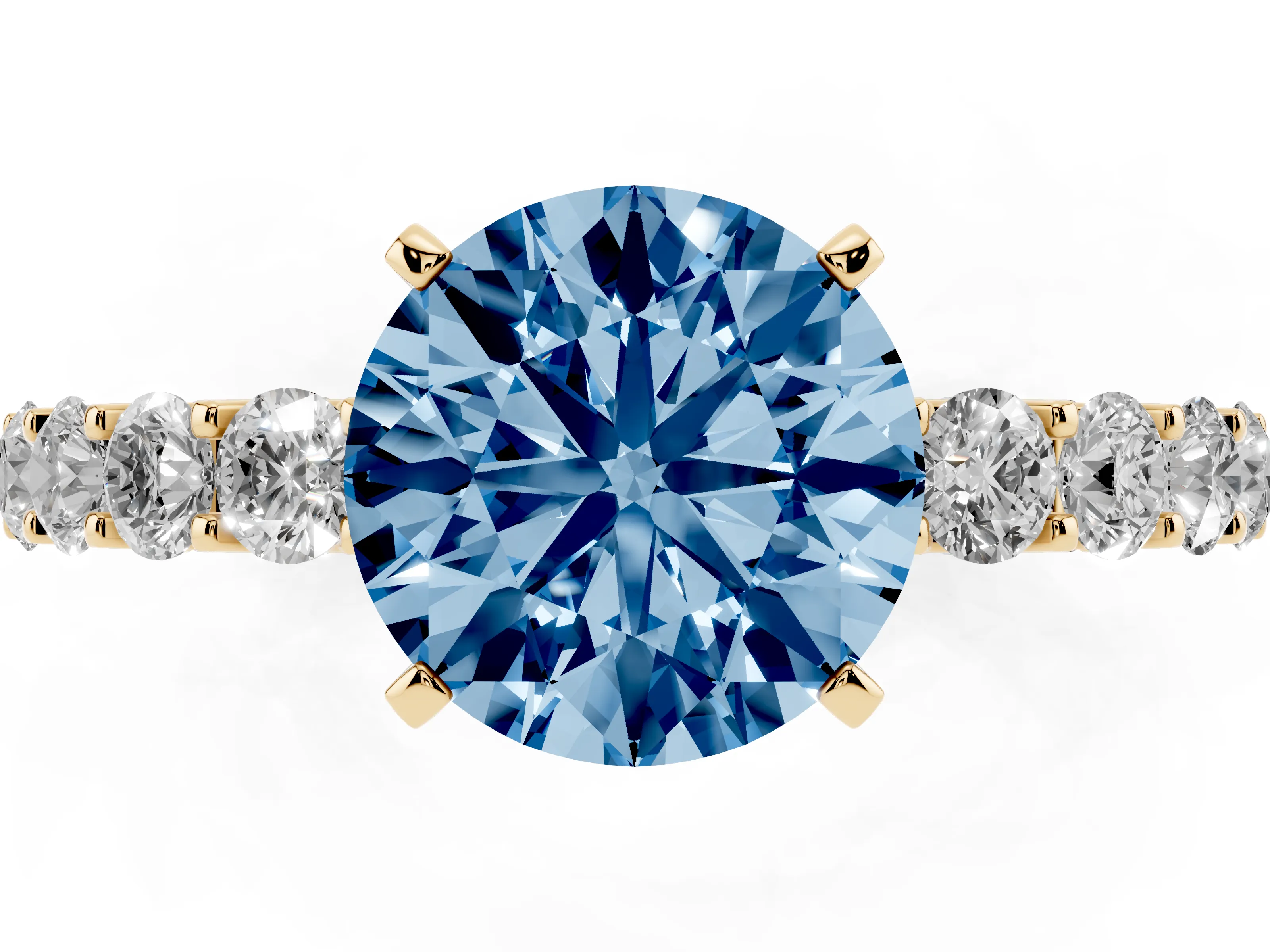 Fancy Blue Round Cut Diamond Solitaire Ring Set in Yellow gold with Shared Prong Pavé Band