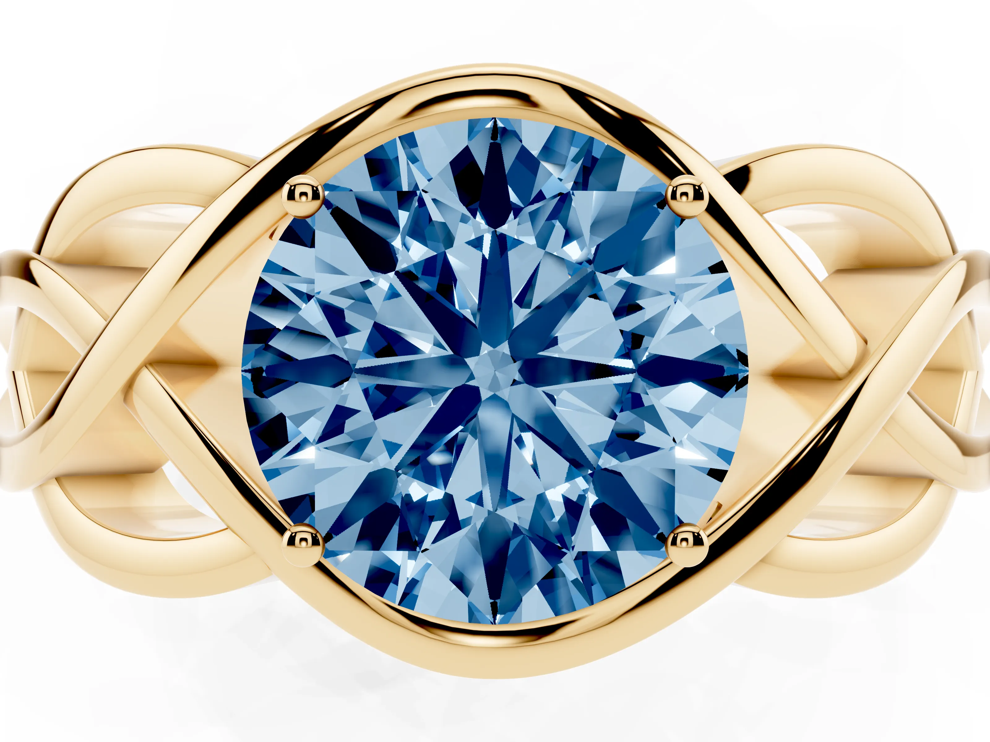Fancy Blue Round Cut Diamond Solitaire Ring Set in Yellow gold with Intertwined Band