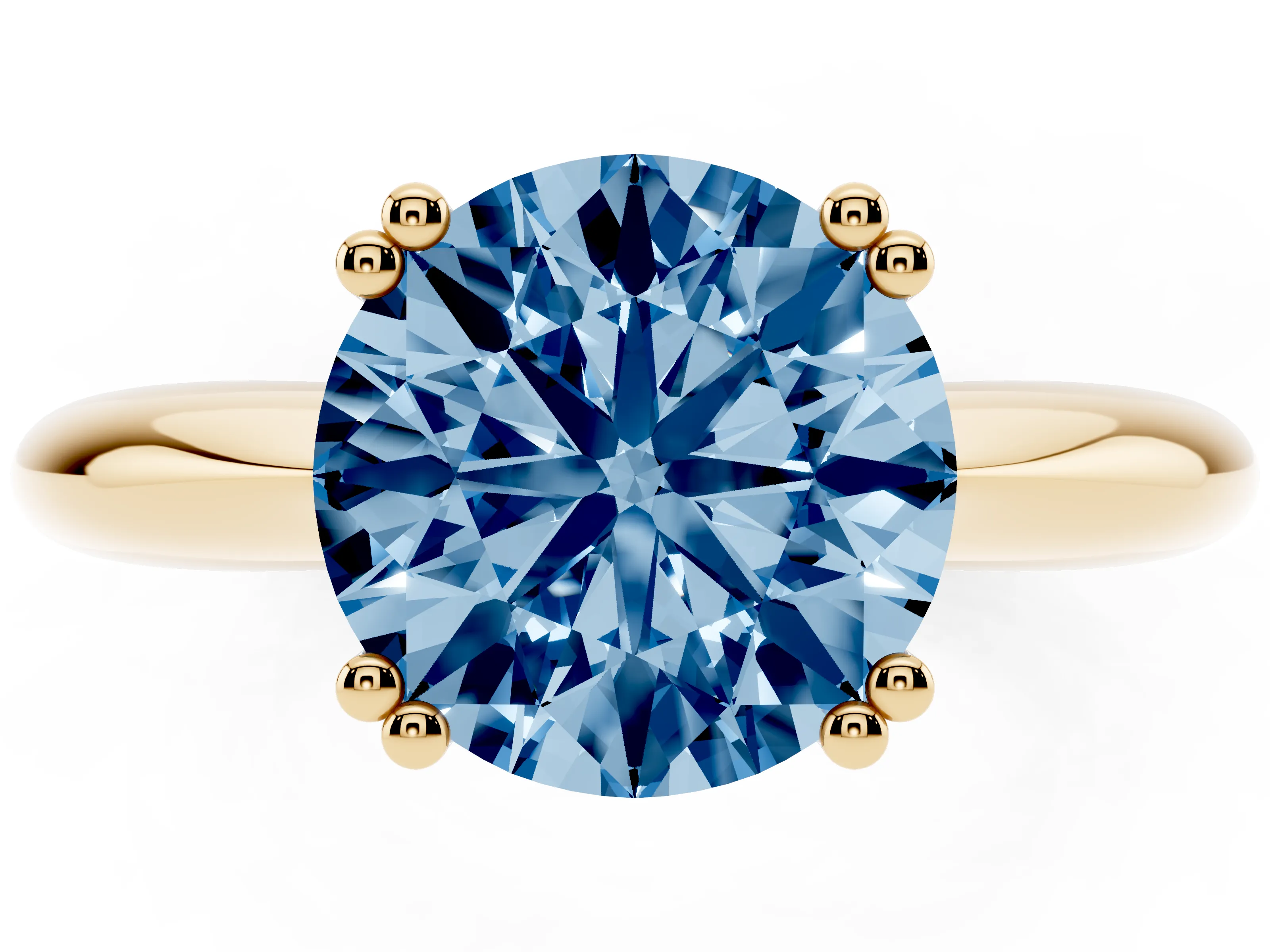 Fancy Blue Round Cut Diamond Solitaire Engagement Ring Set in Yellow gold with Tapered Band and Prong Setting