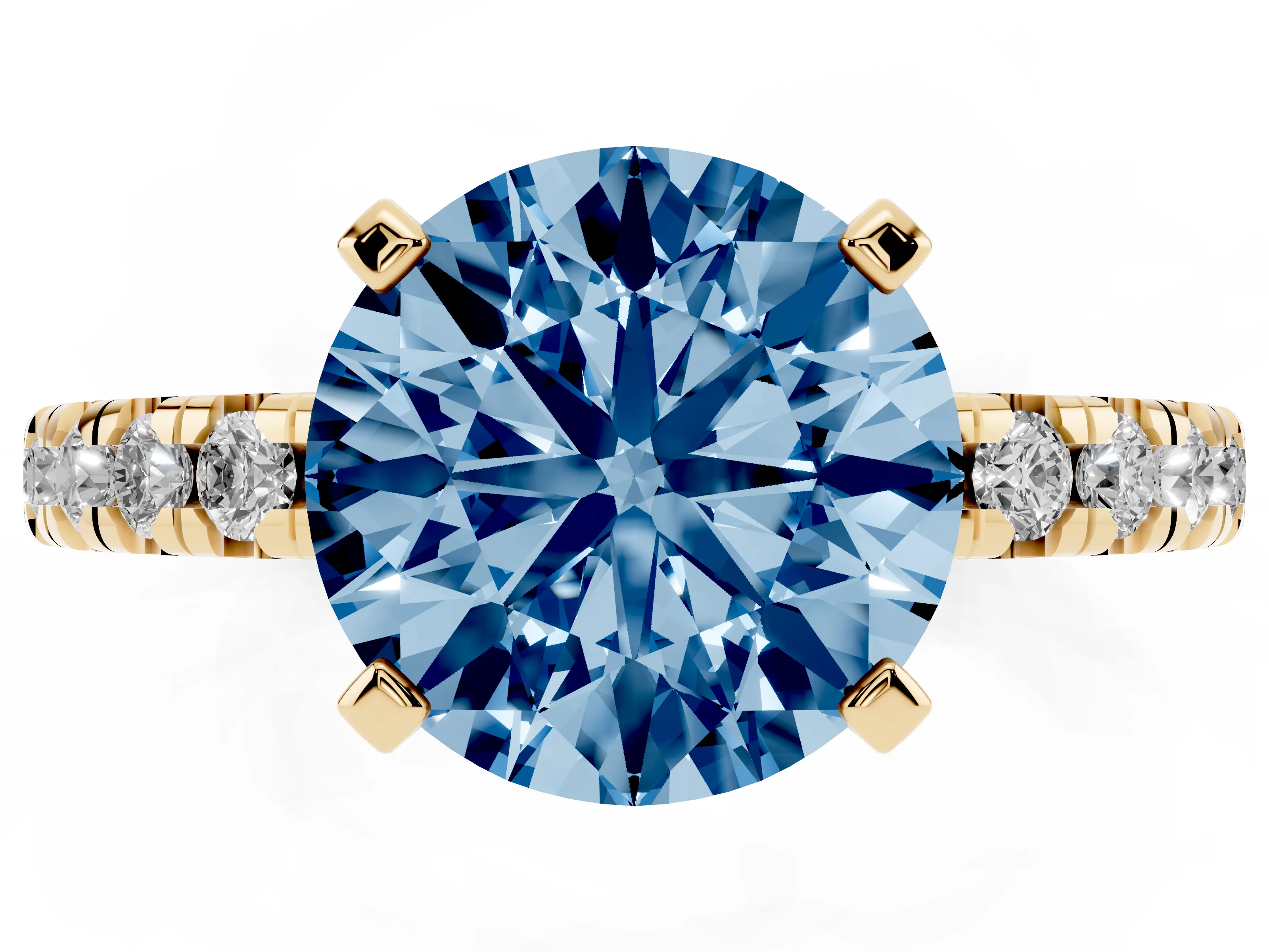 Fancy Blue Round Cut Diamond Solitaire Pavé Engagement Ring Set in Yellow gold with Round Band and Prong Setting