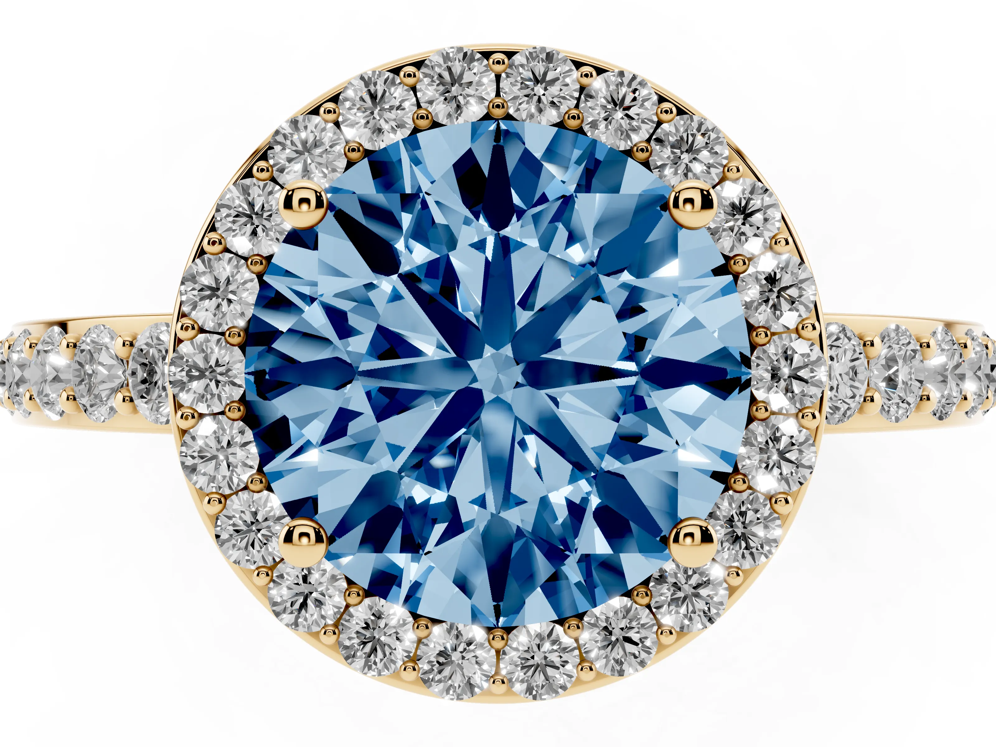 Fancy Blue Round Cut Diamond Halo Ring Set in Yellow gold with Pavé-Setting Band and Open Prong Center