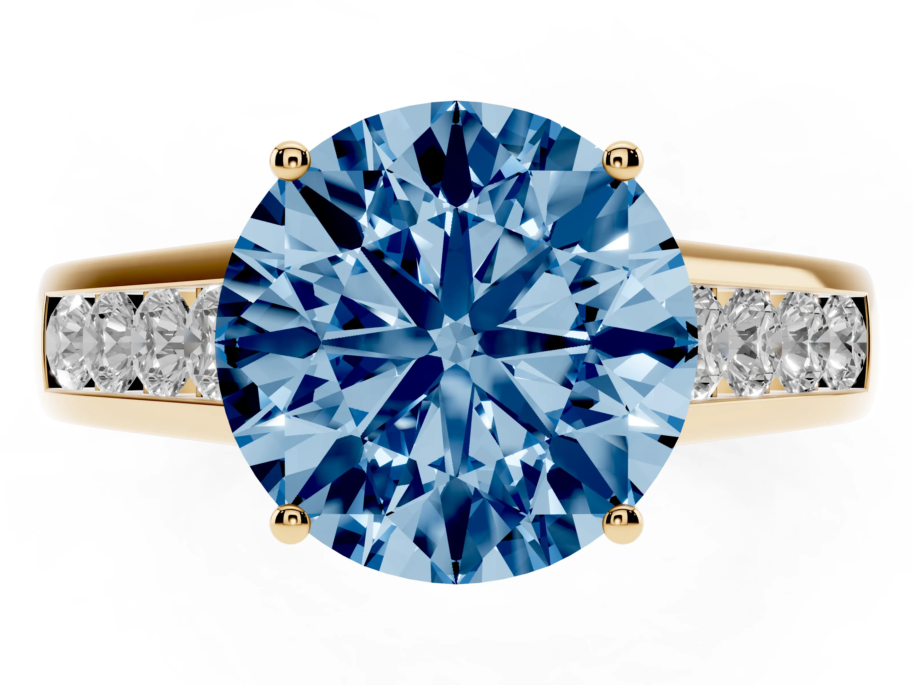 Fancy Blue Round Cut Diamond Solitaire Channel-Set Engagement Ring Set in Yellow gold with Prong Setting