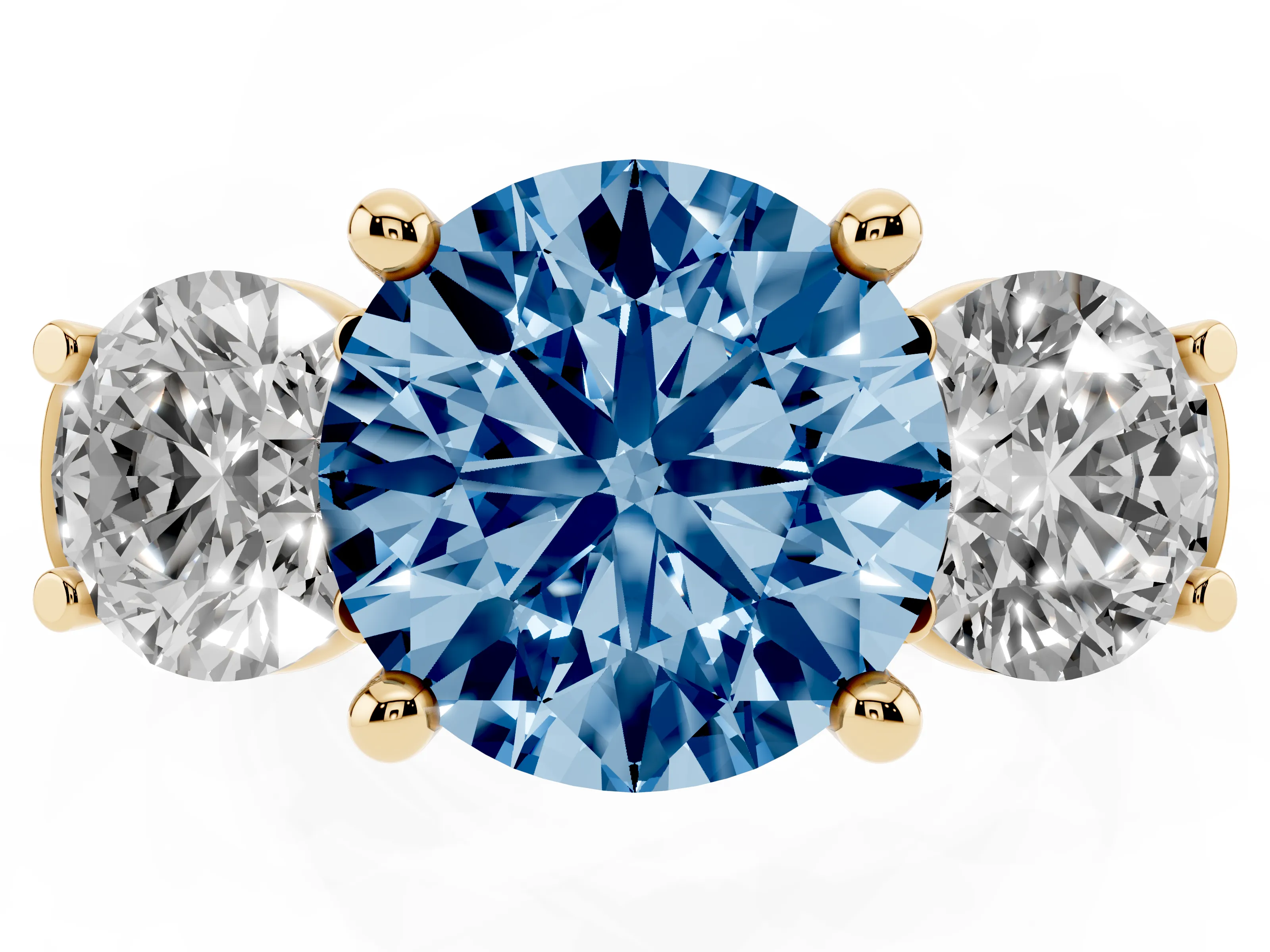 Fancy Blue Round Cut Diamond Three-Stone Trellis Ring Set in Yellow gold with Comfort Fit Band