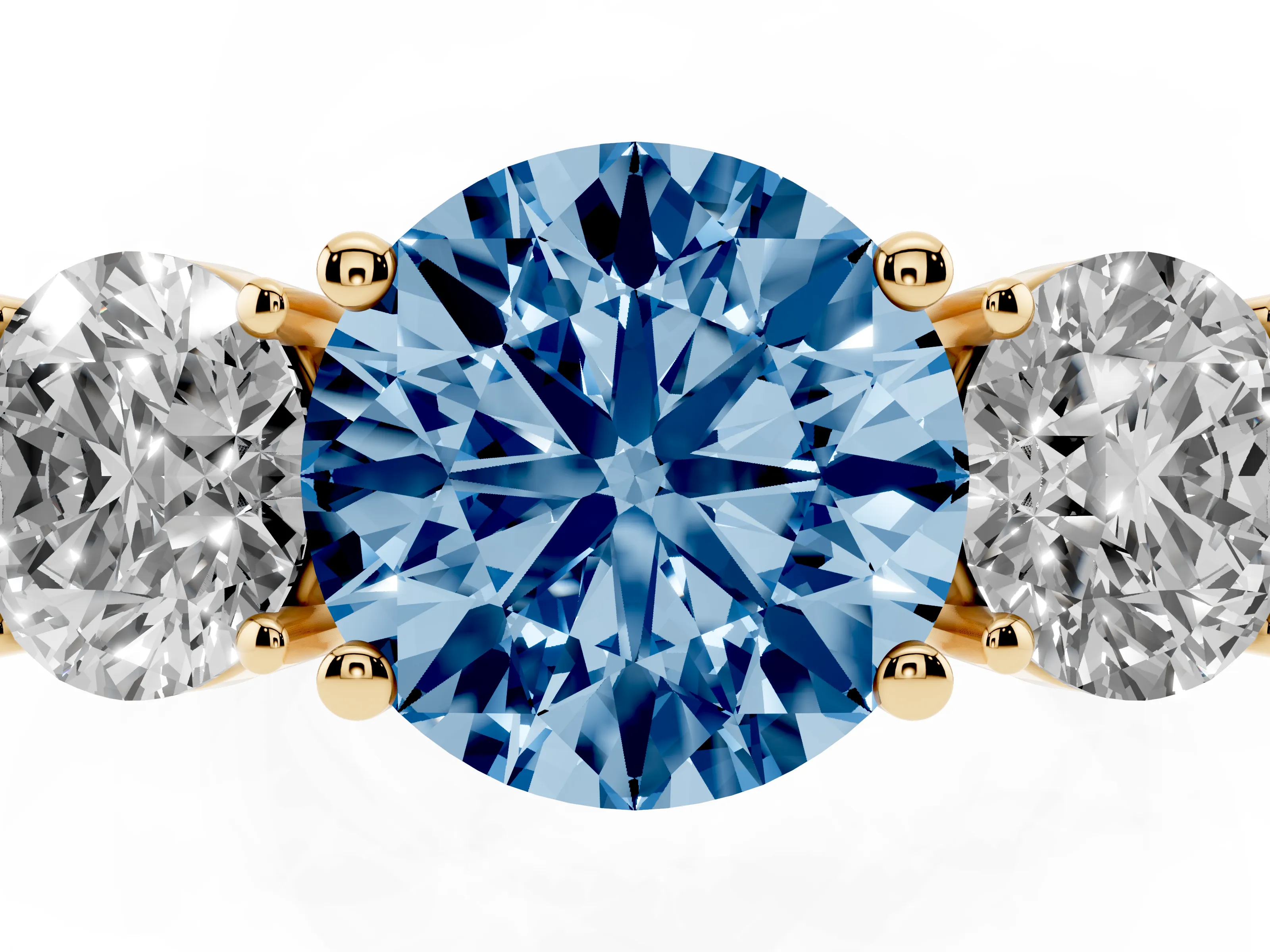 Fancy Blue Round Cut Diamond Three-Stone Engagement Ring Set in Yellow gold with Flat Band
