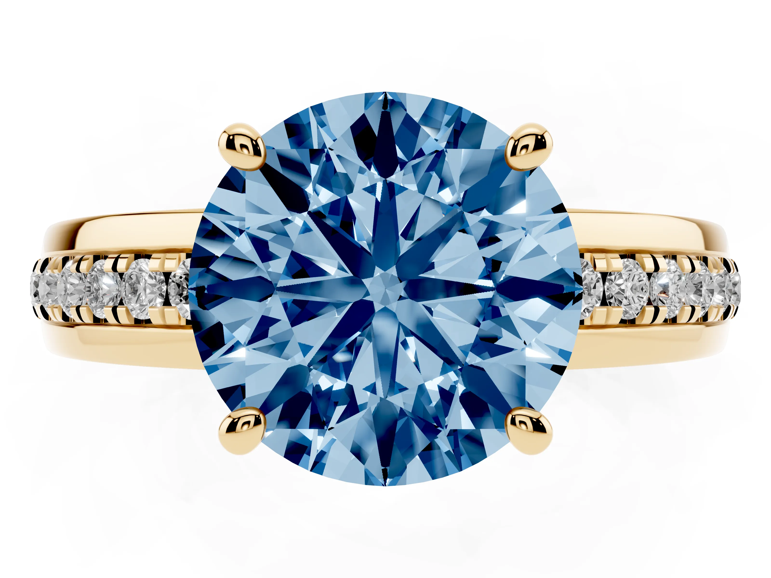 Fancy Blue Round Cut Diamond Solitaire Ring Set in Yellow gold with Channel Set Band and Prong Setting