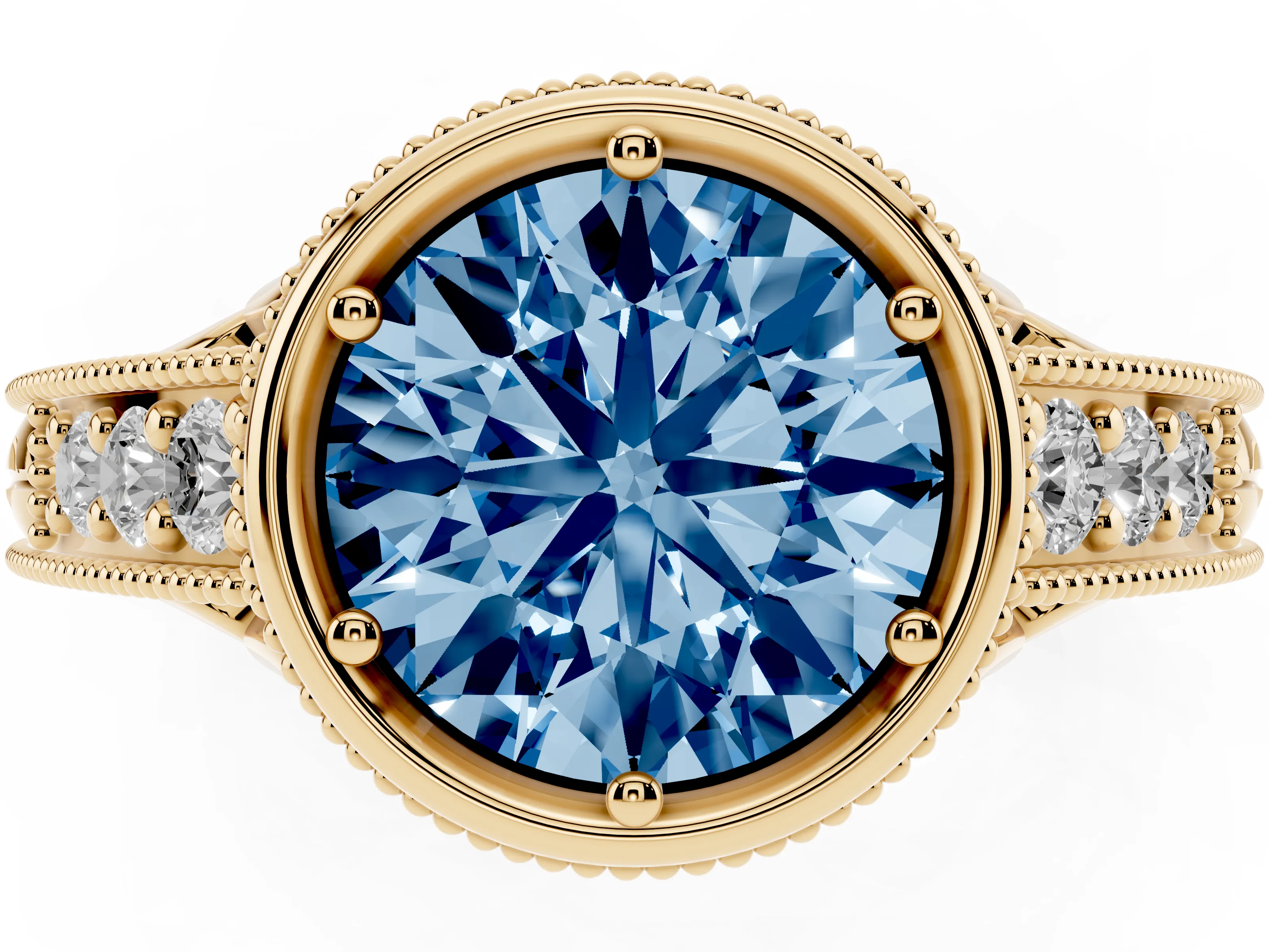 Fancy Blue Bezel Set Round Cut Diamond Milgrain Pavé Engagement Ring Set in Yellow gold