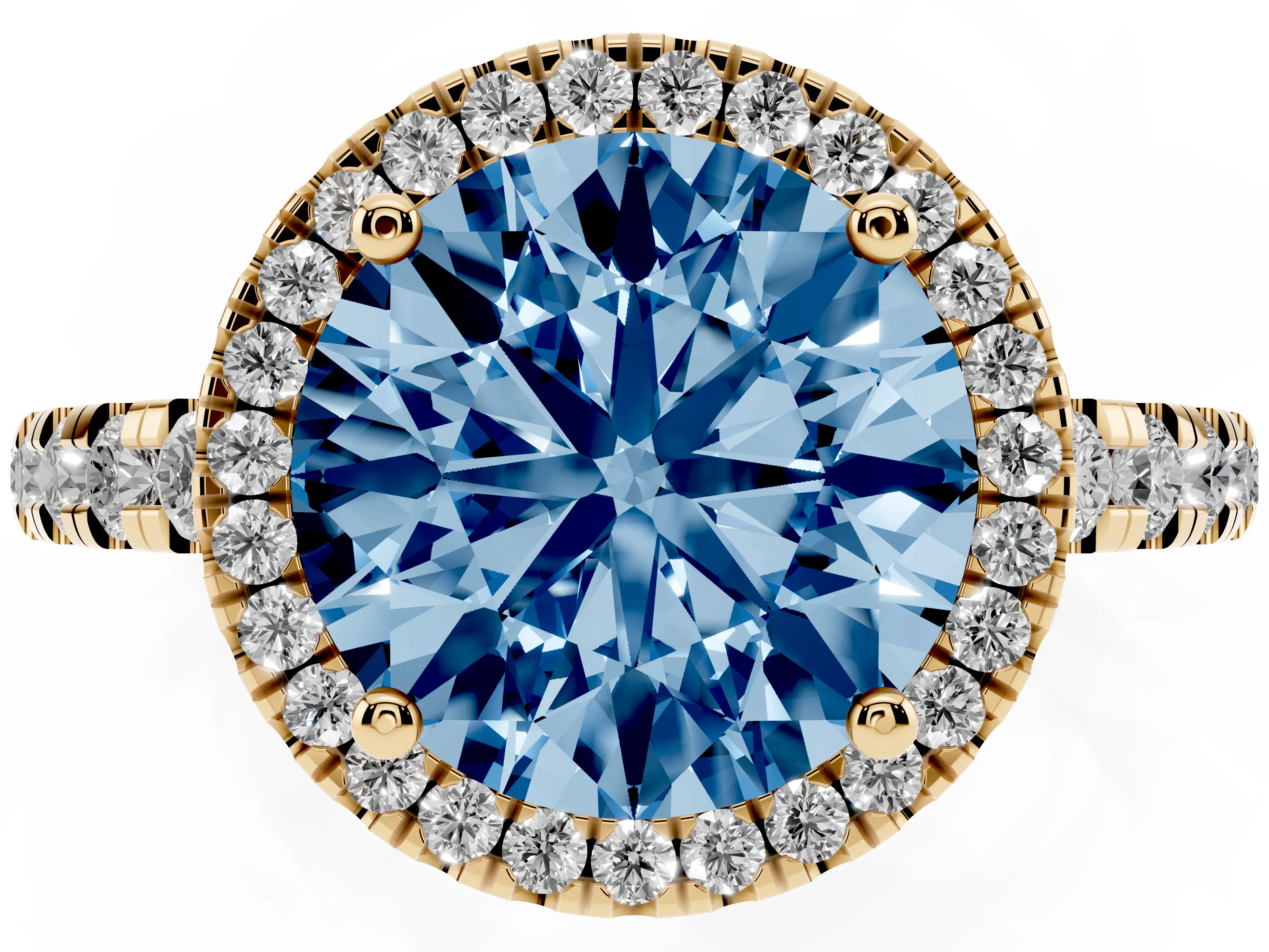 Fancy Blue Round Cut Diamond Halo Ring Set in Yellow gold with Delicate Pavé Band and Prong Setting