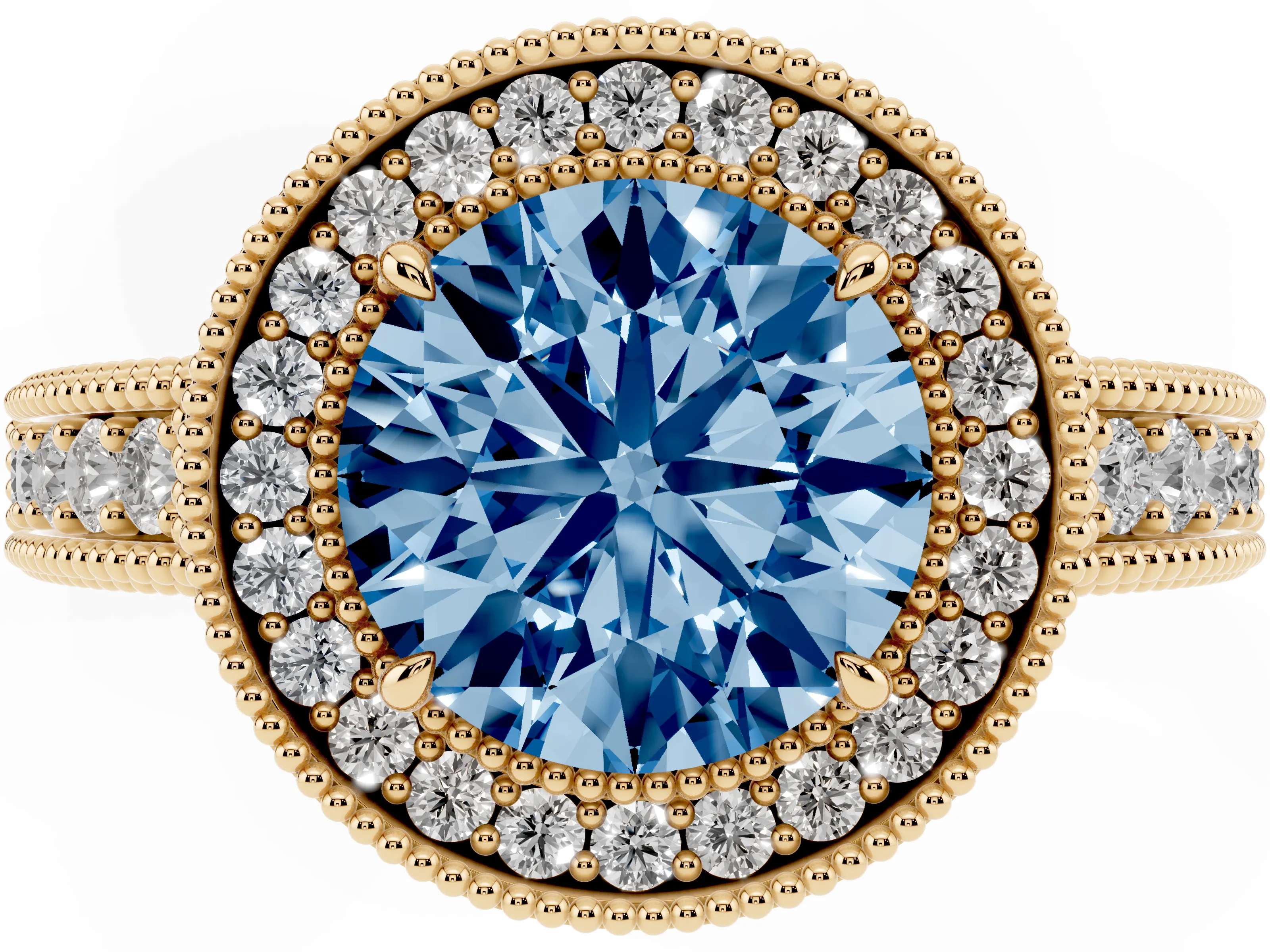 Fancy Blue Round Cut Diamond Halo Ring Set in Yellow gold with Round Accent Halo, Pavé Band and Prong Setting