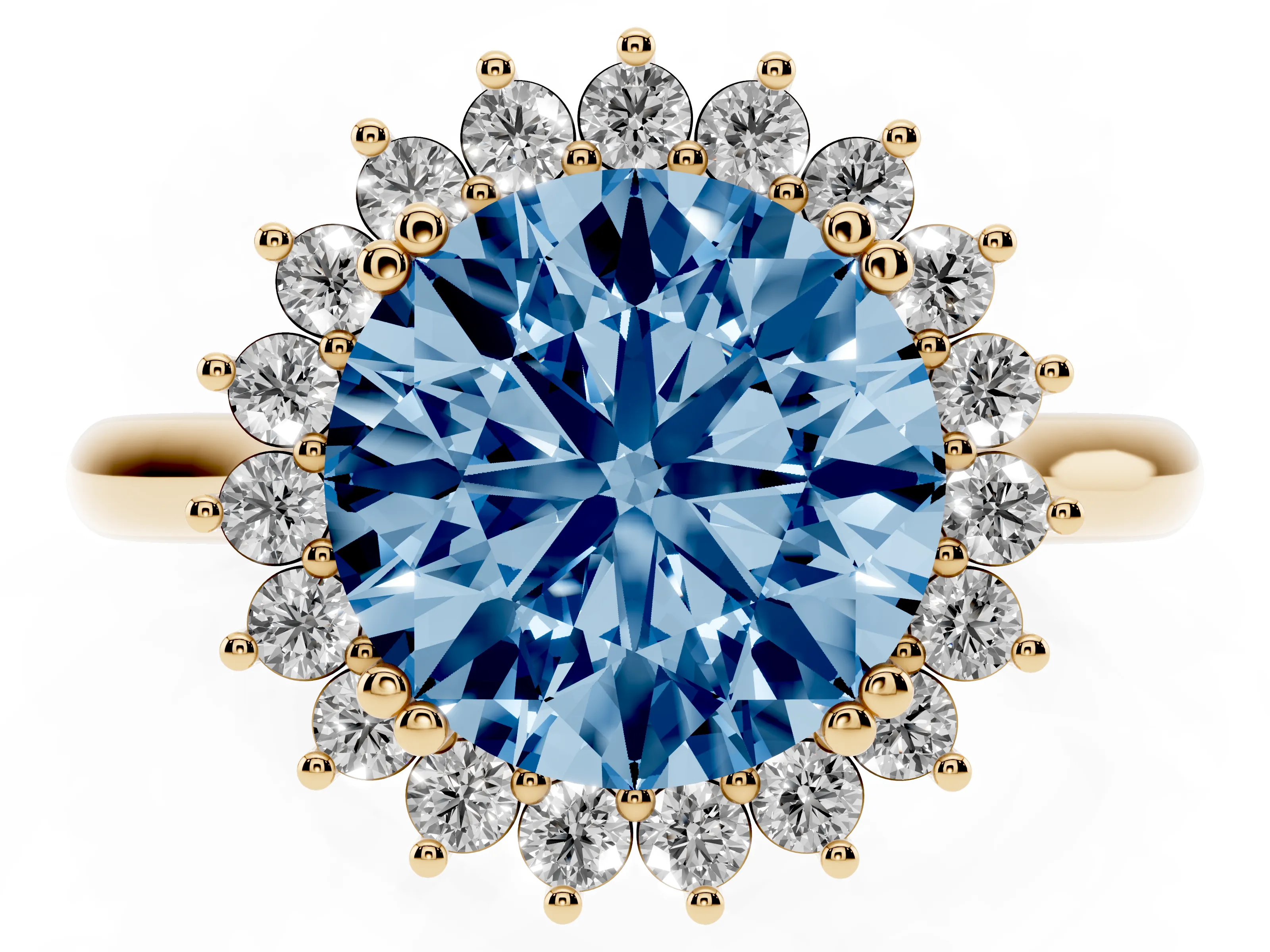 Fancy Blue Round Cut Diamond Halo Ring Set in Yellow gold with Plain Solitaire Band and Prong Setting