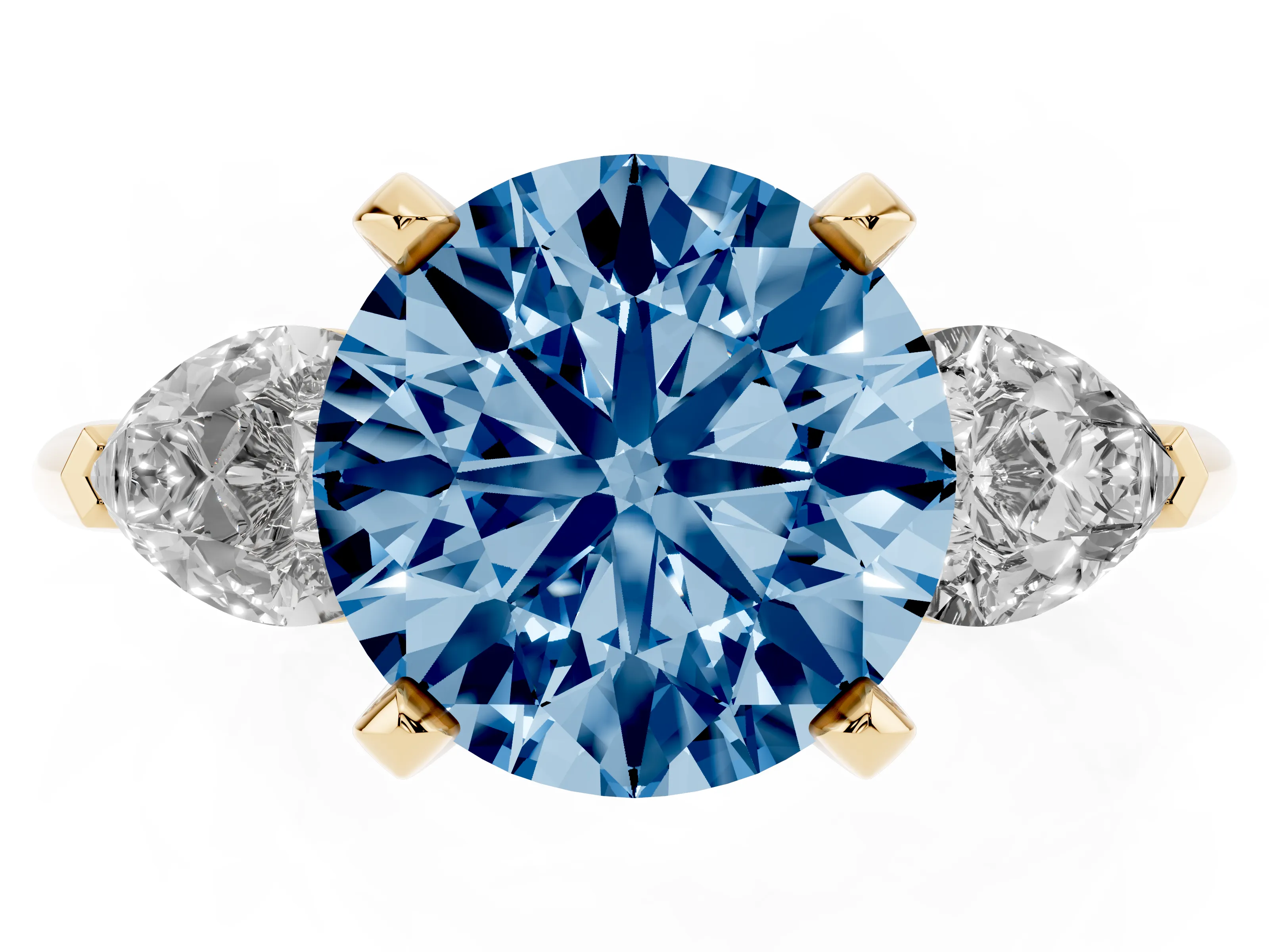 Fancy Blue Three-Stone Round Cut Diamond Ring Set in Yellow gold with Pear Side Stones and Prong Setting
