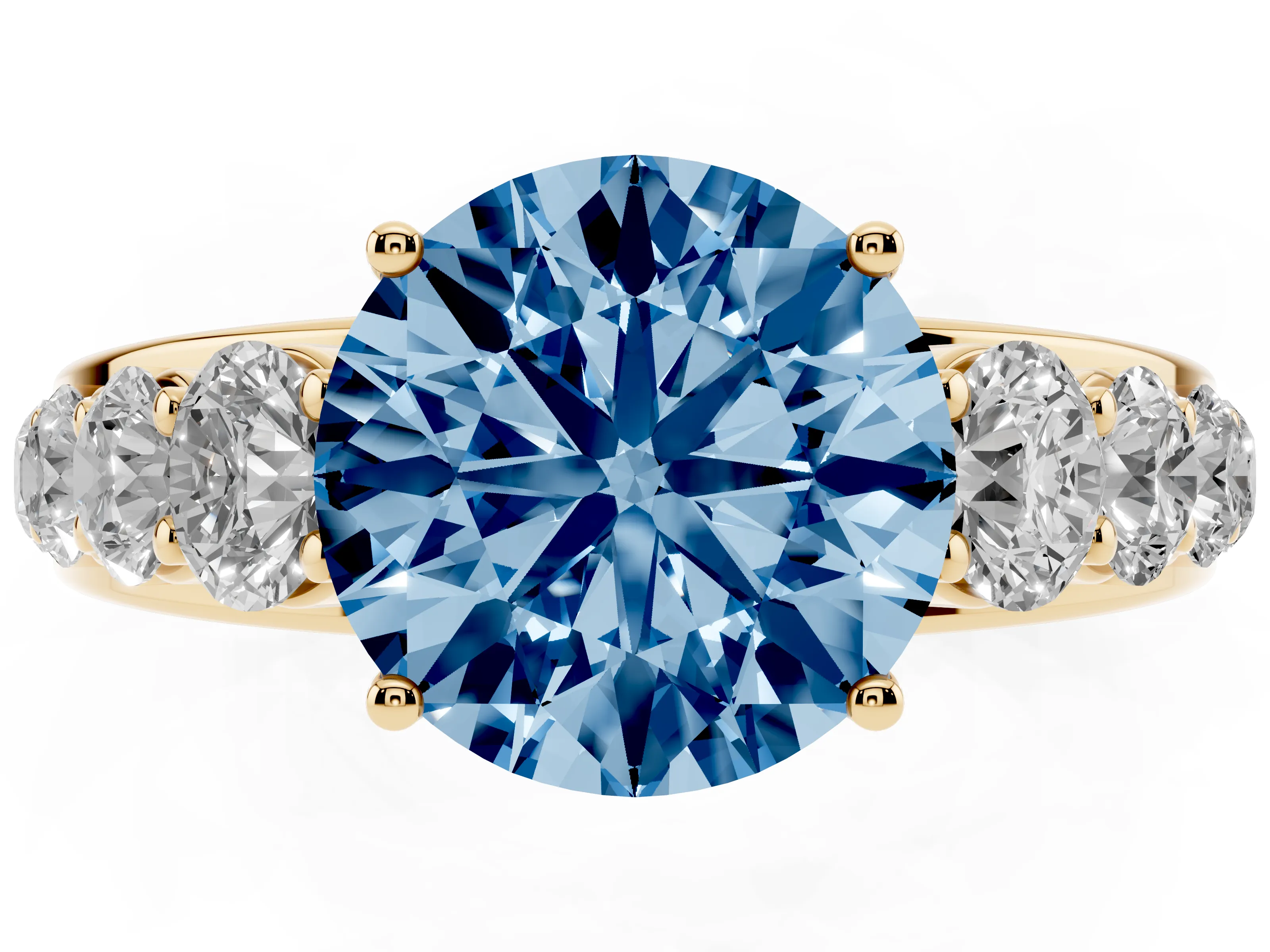 Fancy Blue Round Cut Diamond Solitaire Ring Set in Yellow gold with Pavé-Set Band and Prong Setting