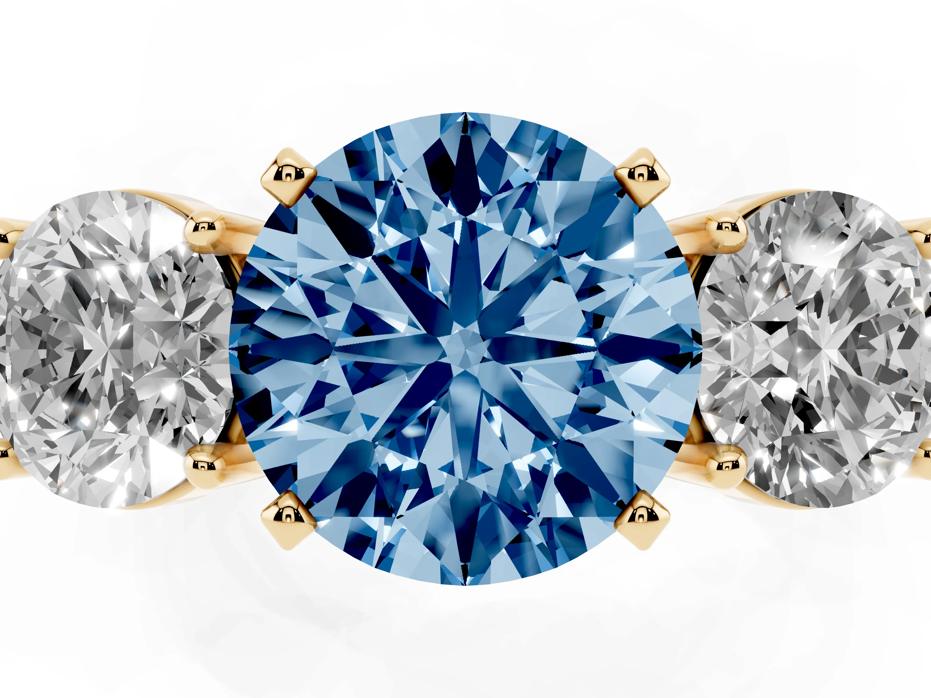 Fancy Blue Round Cut Diamond Three-Stone Ring Set in Yellow gold with Round Side Stones and Classic Band