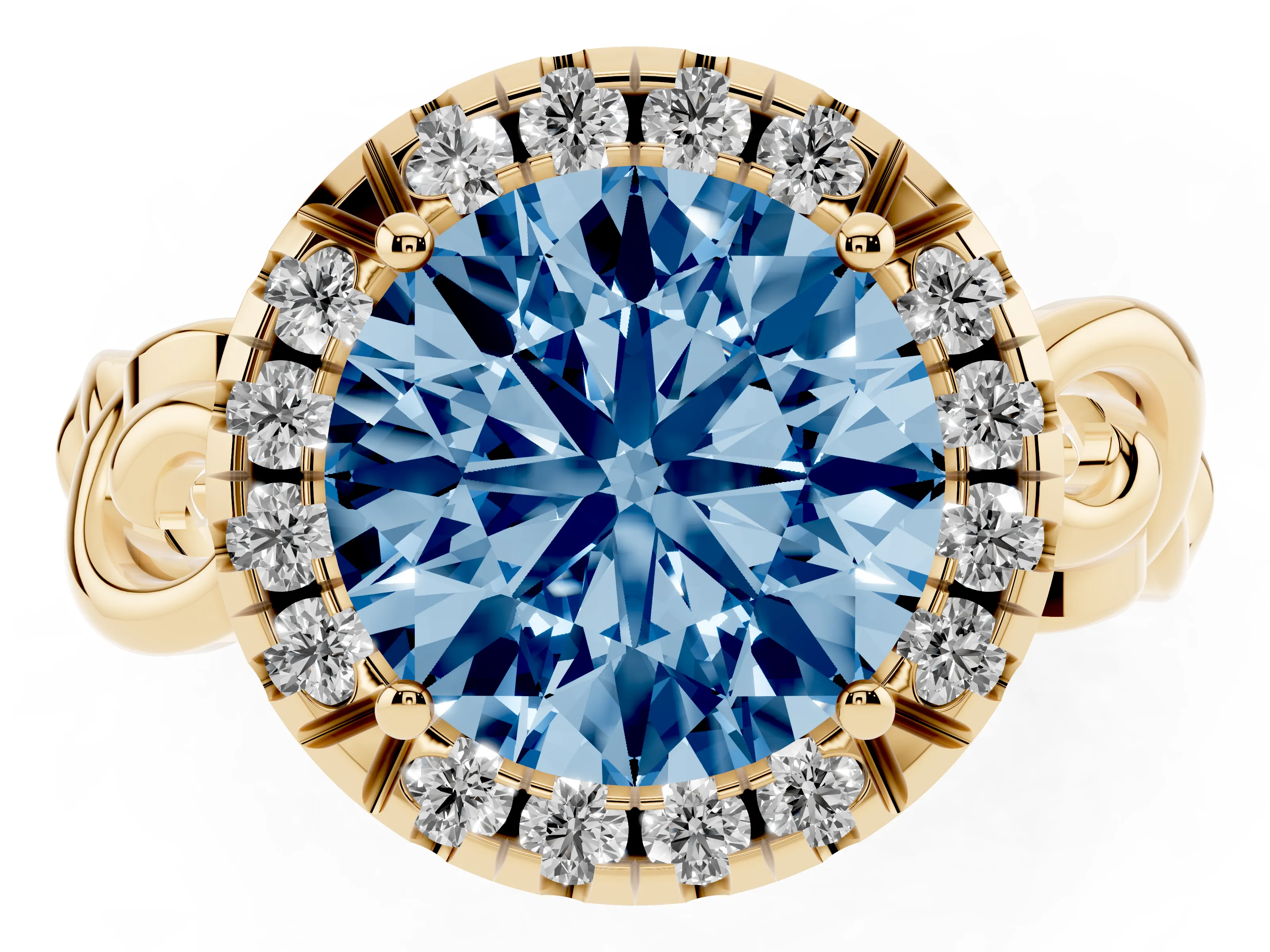 Fancy Blue Round Cut Diamond Halo Ring Set in Yellow gold with Scrollwork Band and Prong Setting