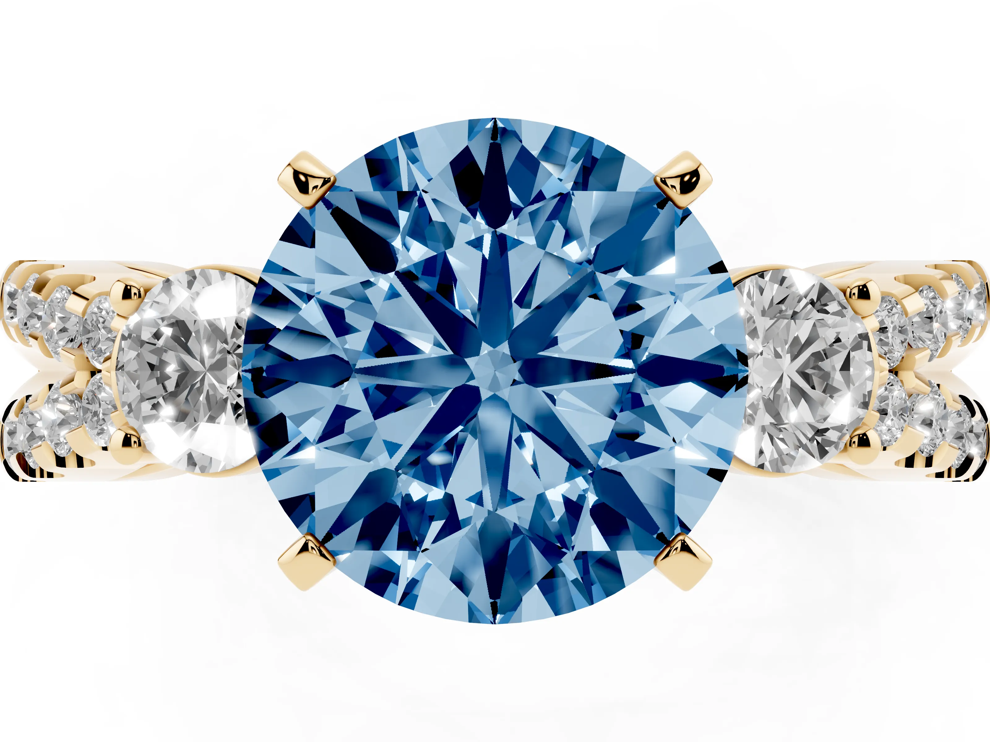 Fancy Blue Round Cut Diamond Three-Stone Ring Set in Yellow gold with Pavé Split Shank and Prong Setting