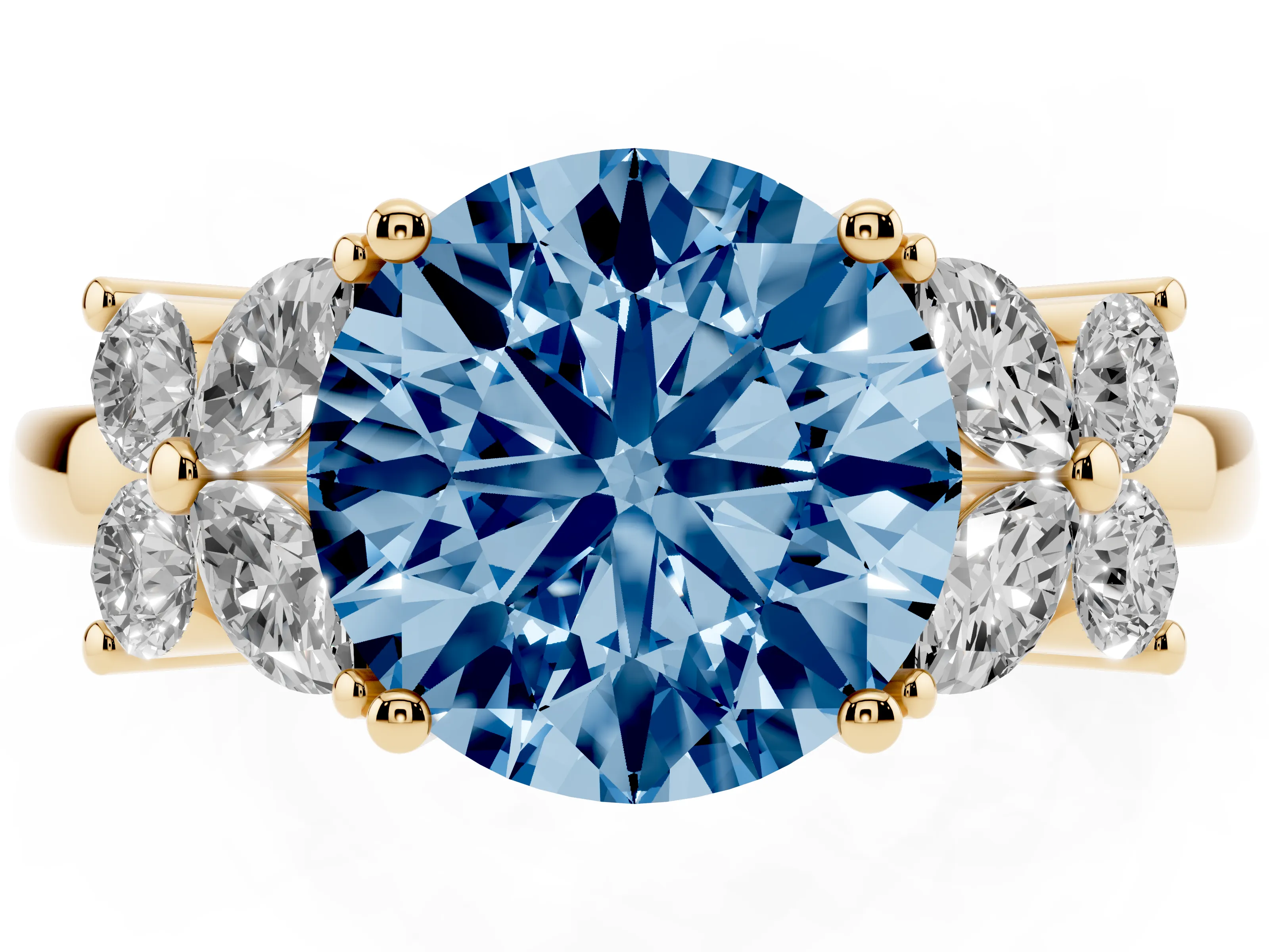 Fancy Blue Round Cut Diamond Floral Cluster Ring Set in Yellow gold with Marquise Petals and Prong Setting