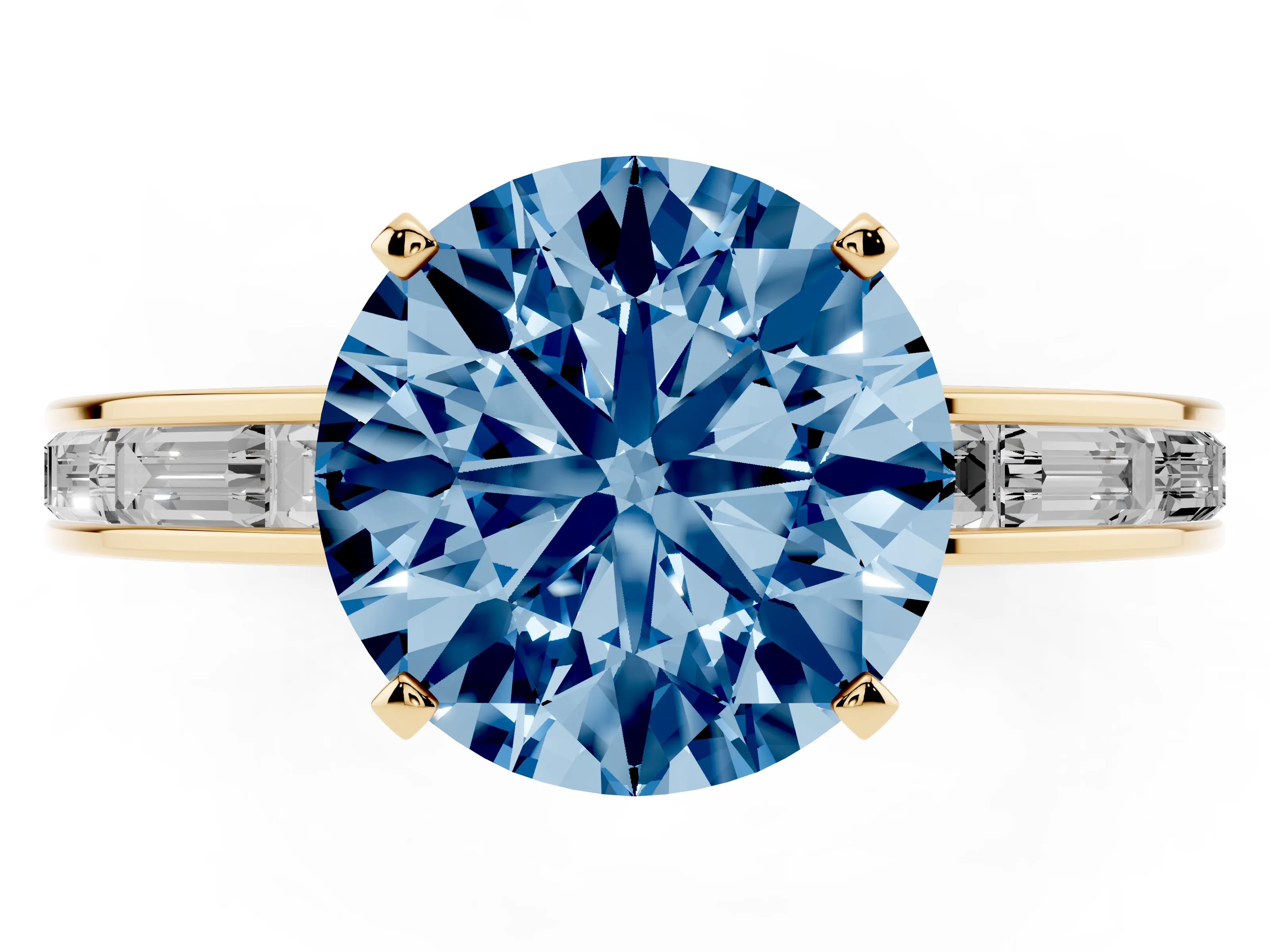 Fancy Blue Round Cut Diamond Solitaire Ring Set in Yellow gold with Channel-Set Baguette Band and Prong Setting
