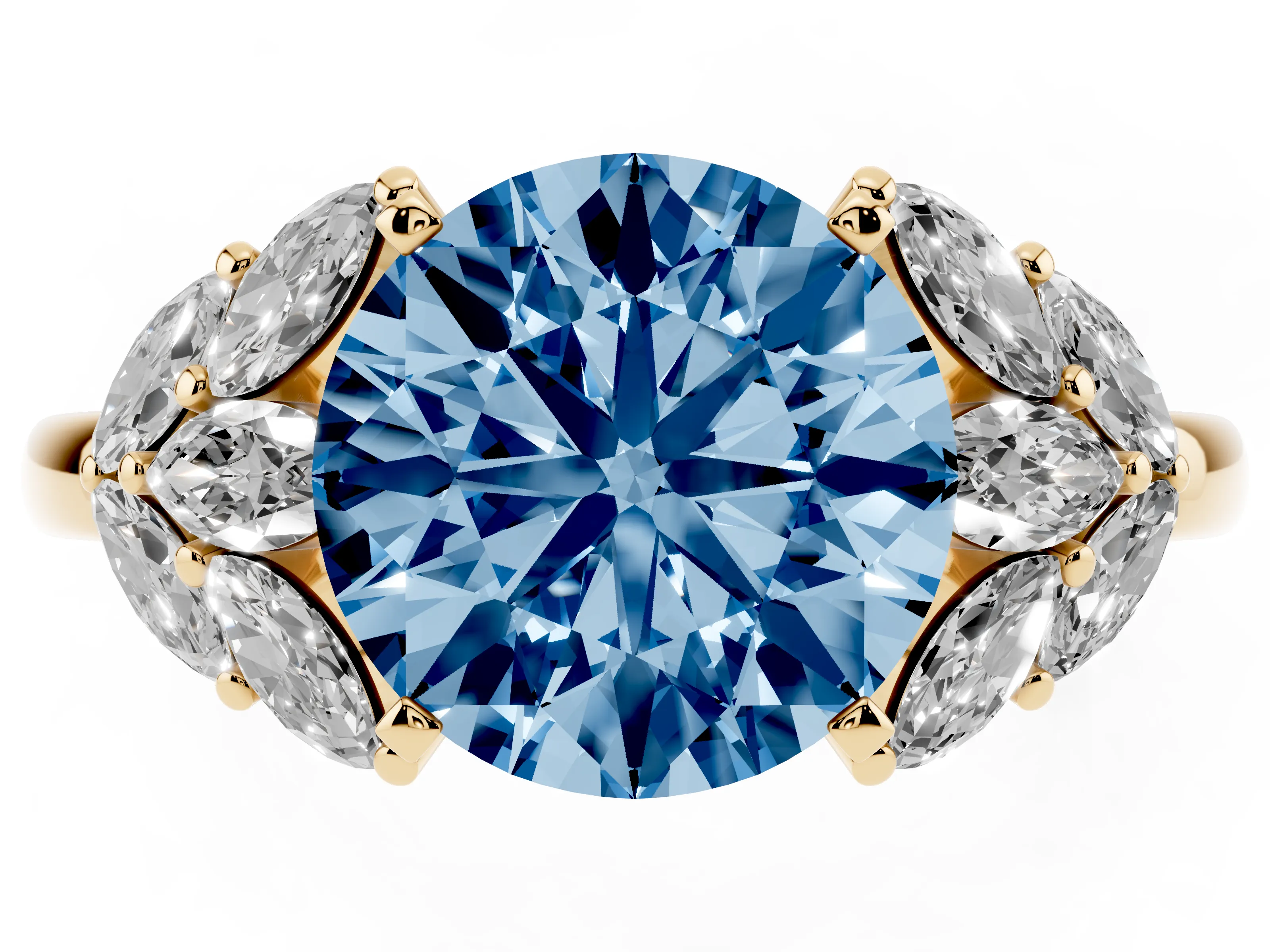 Fancy Blue Round Cut Diamond Cluster Leaf Design Ring Set in Yellow gold with Prong Setting
