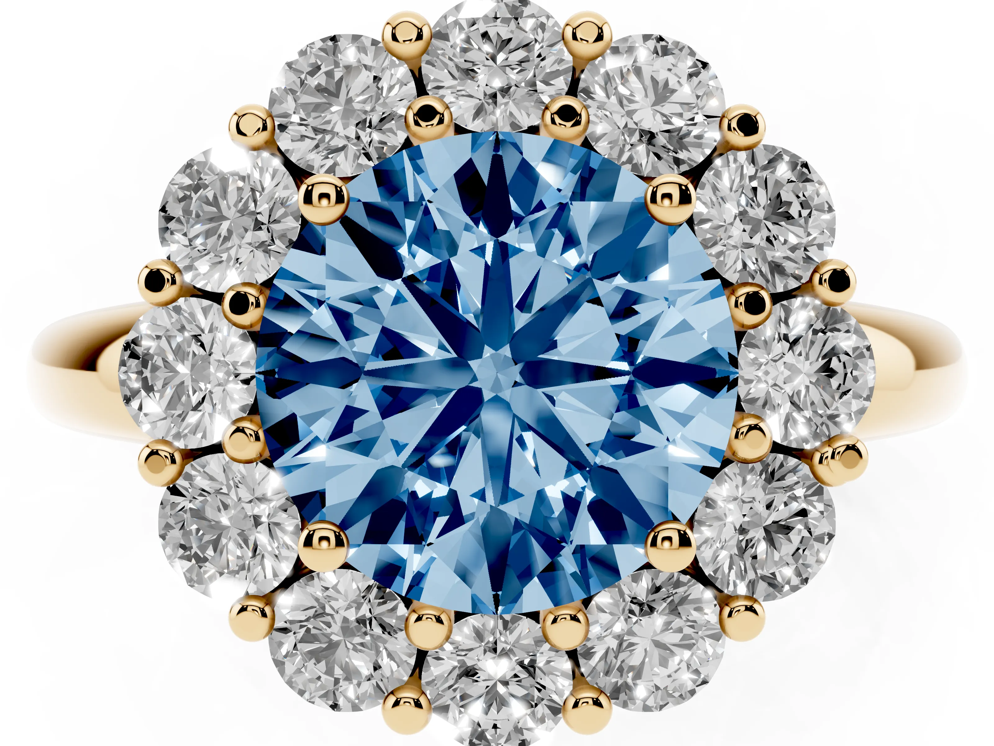 Fancy Blue Round Cut Diamond Halo Cluster Engagement Ring Set in Yellow gold with Polished Band and Prong Setting