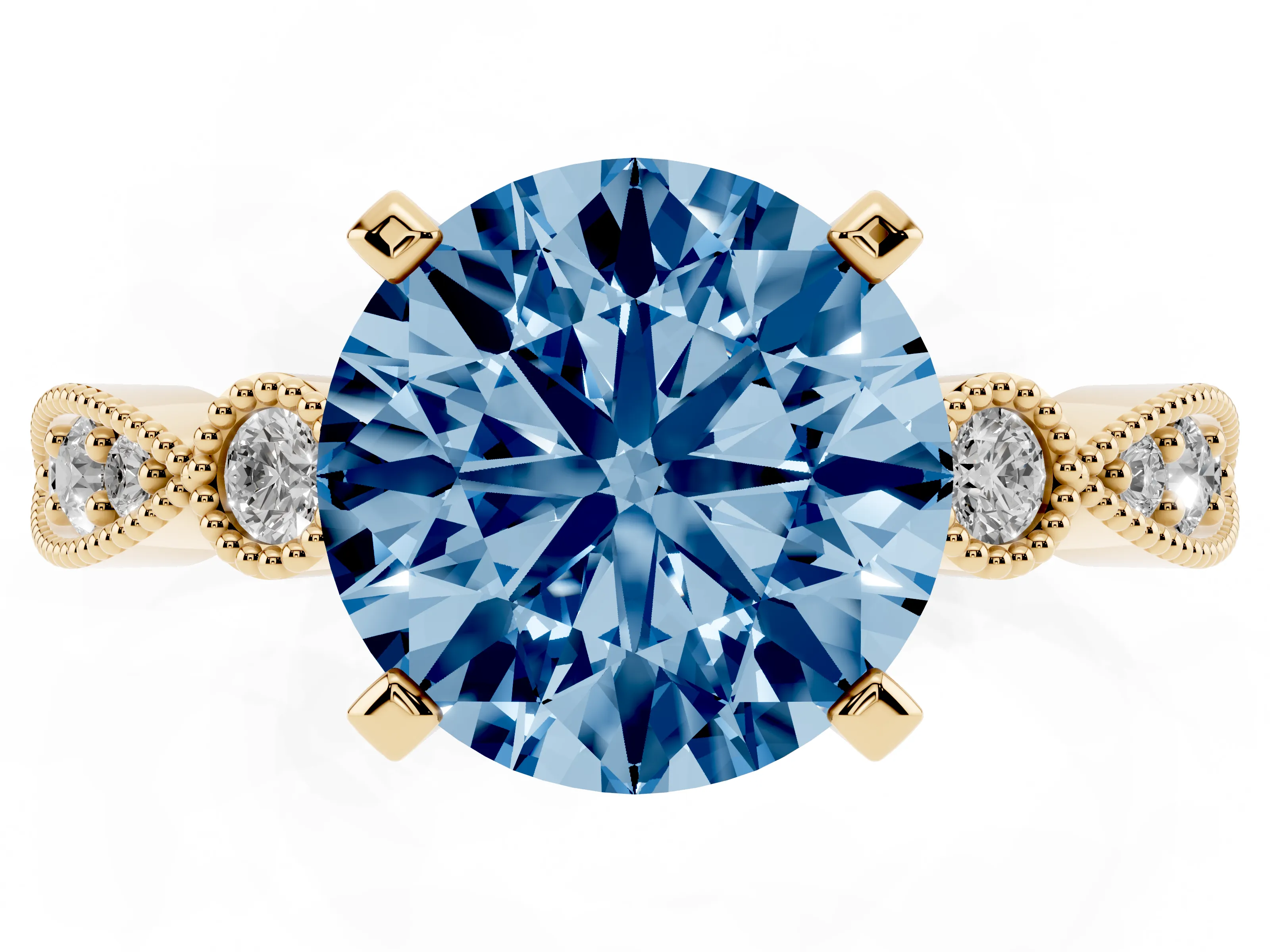 Fancy Blue Round Cut Diamond Solitaire Engagement Ring Set in Yellow gold with Milgrain Bezel Accent Band