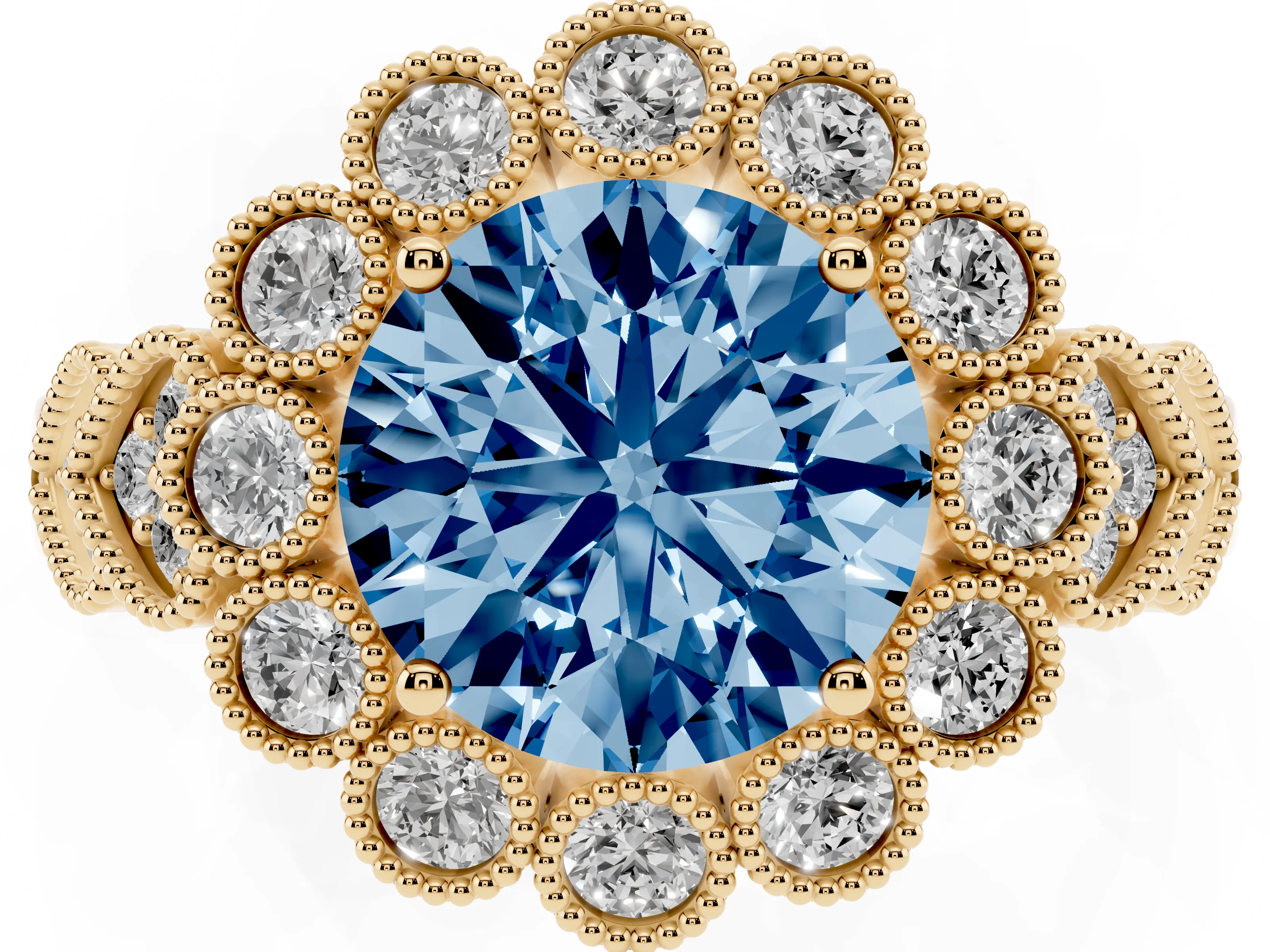 Fancy Blue Round Cut Diamond Solitaire Ring Set in Yellow gold with Milgrain Pavé Heart Band