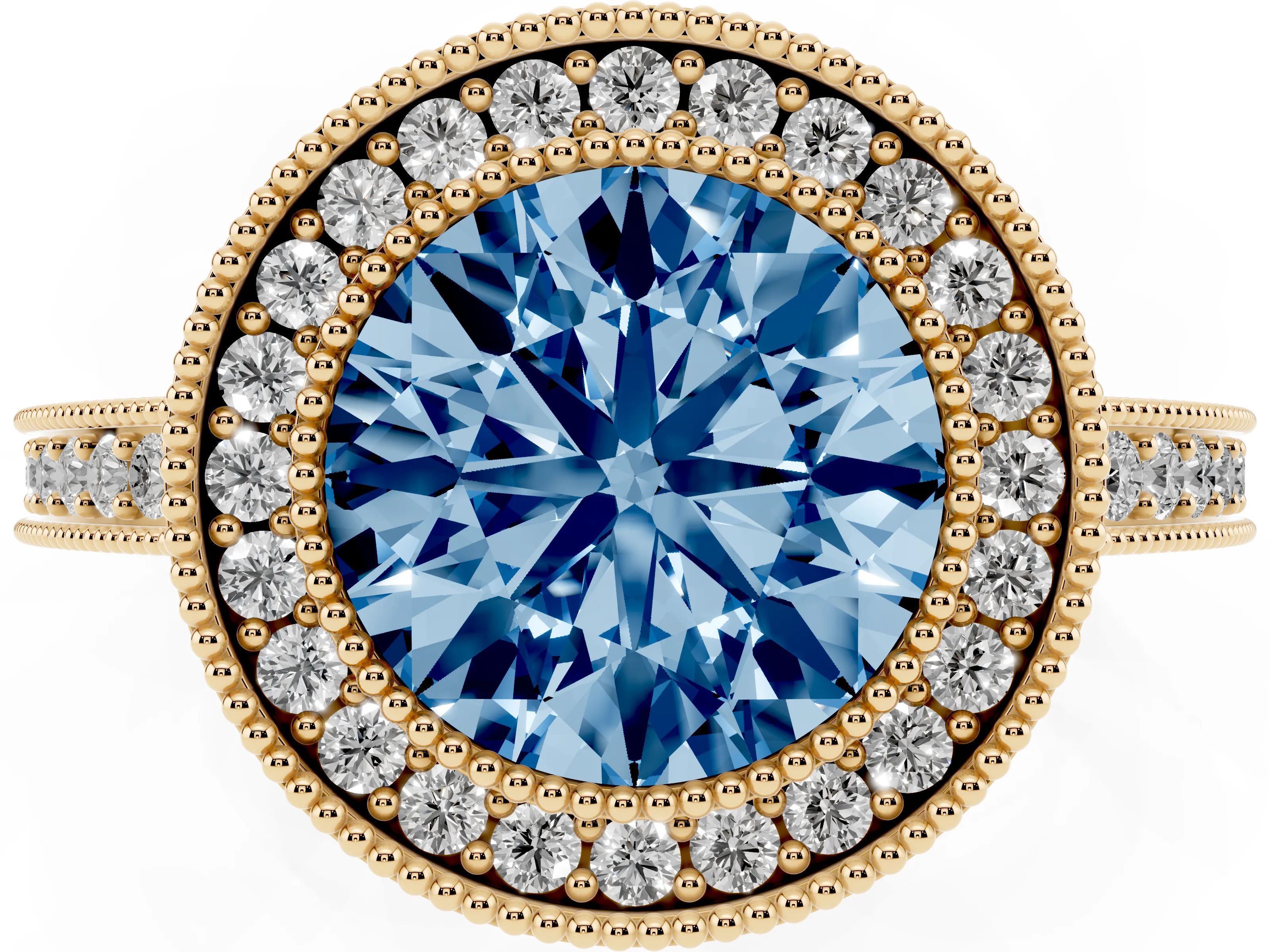 Fancy Blue Round Cut Diamond Round Halo Ring Set in Yellow gold with Pavé Band