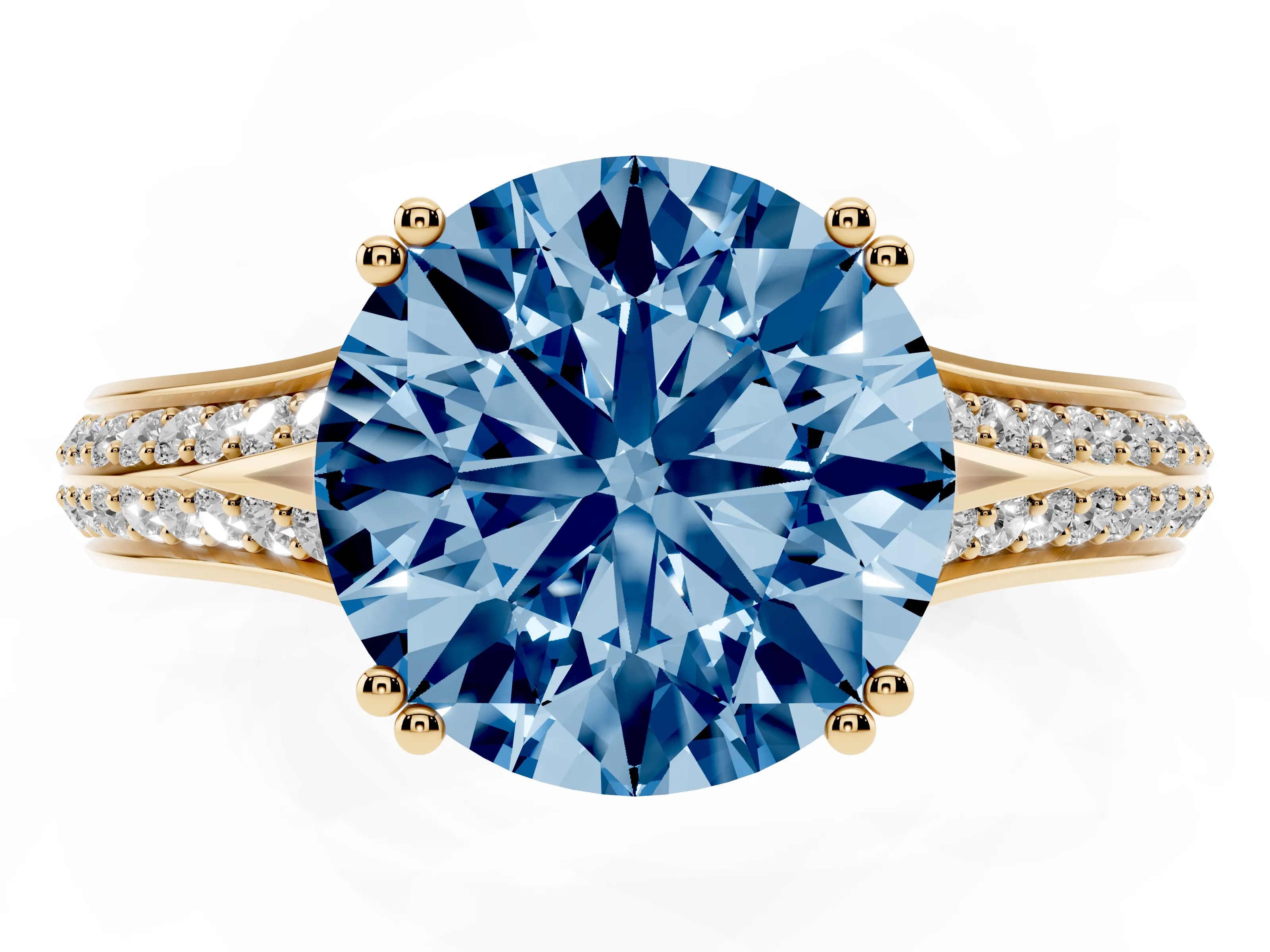 Fancy Blue Round Cut Diamond Split Shank Pavé Engagement Ring Set in Yellow gold with Prong-Set Center Stone