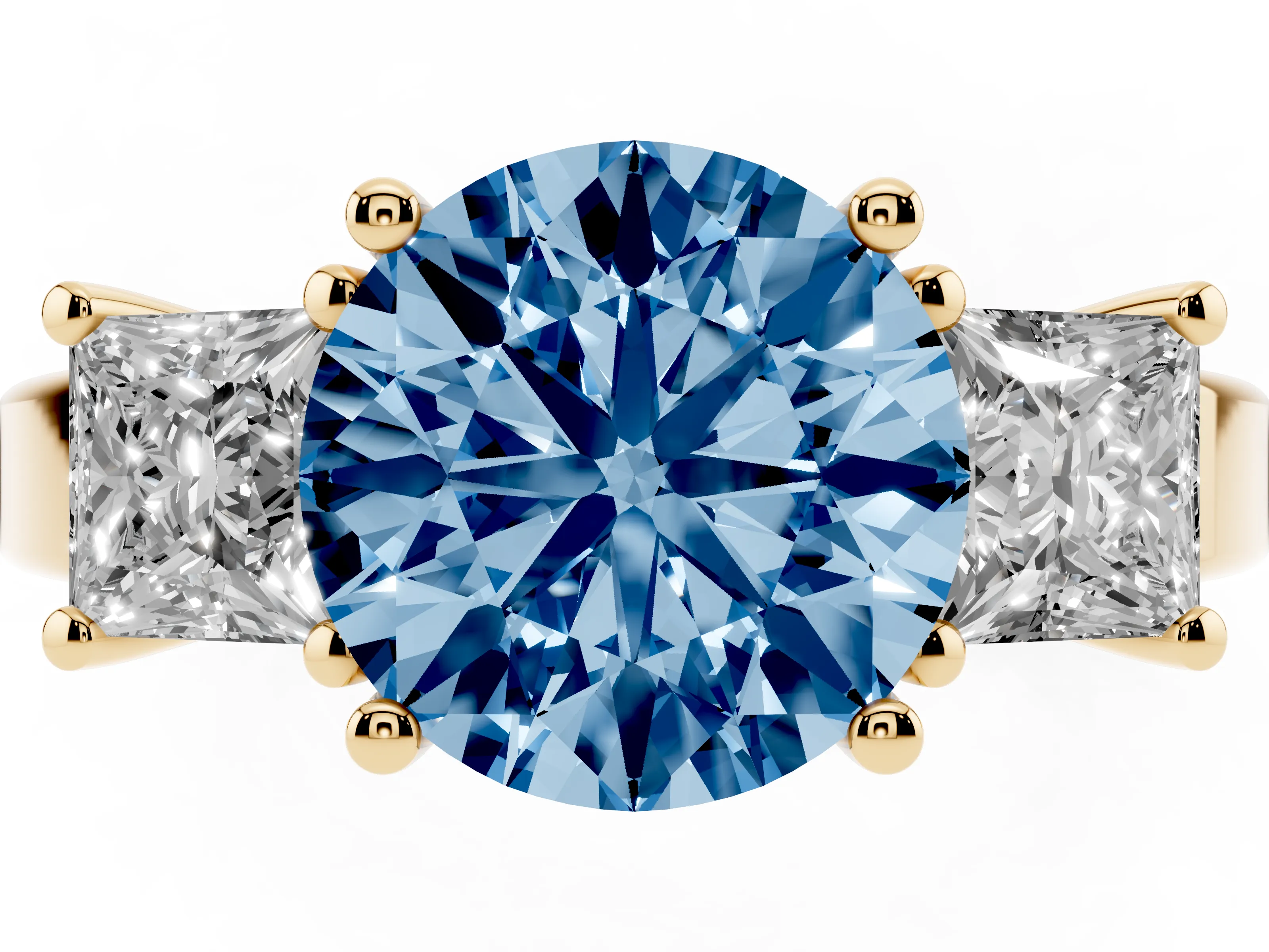 Fancy Blue Three-Stone Round Cut Diamond Solitaire Ring Set in Yellow gold with Prong Setting
