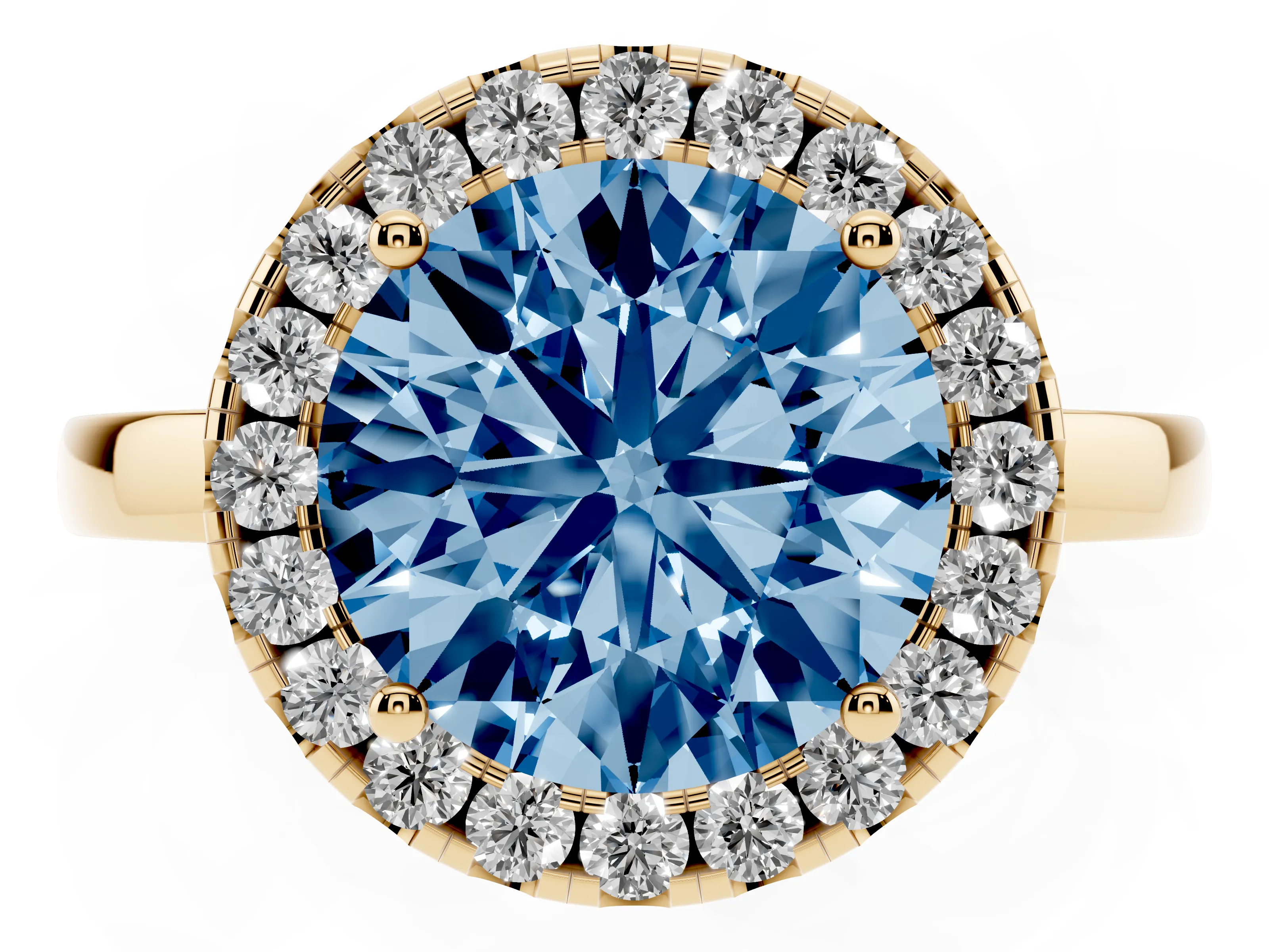 Fancy Blue Round Cut Diamond Halo Solitaire Ring Set in Yellow gold with Pavé Band and Prong Setting