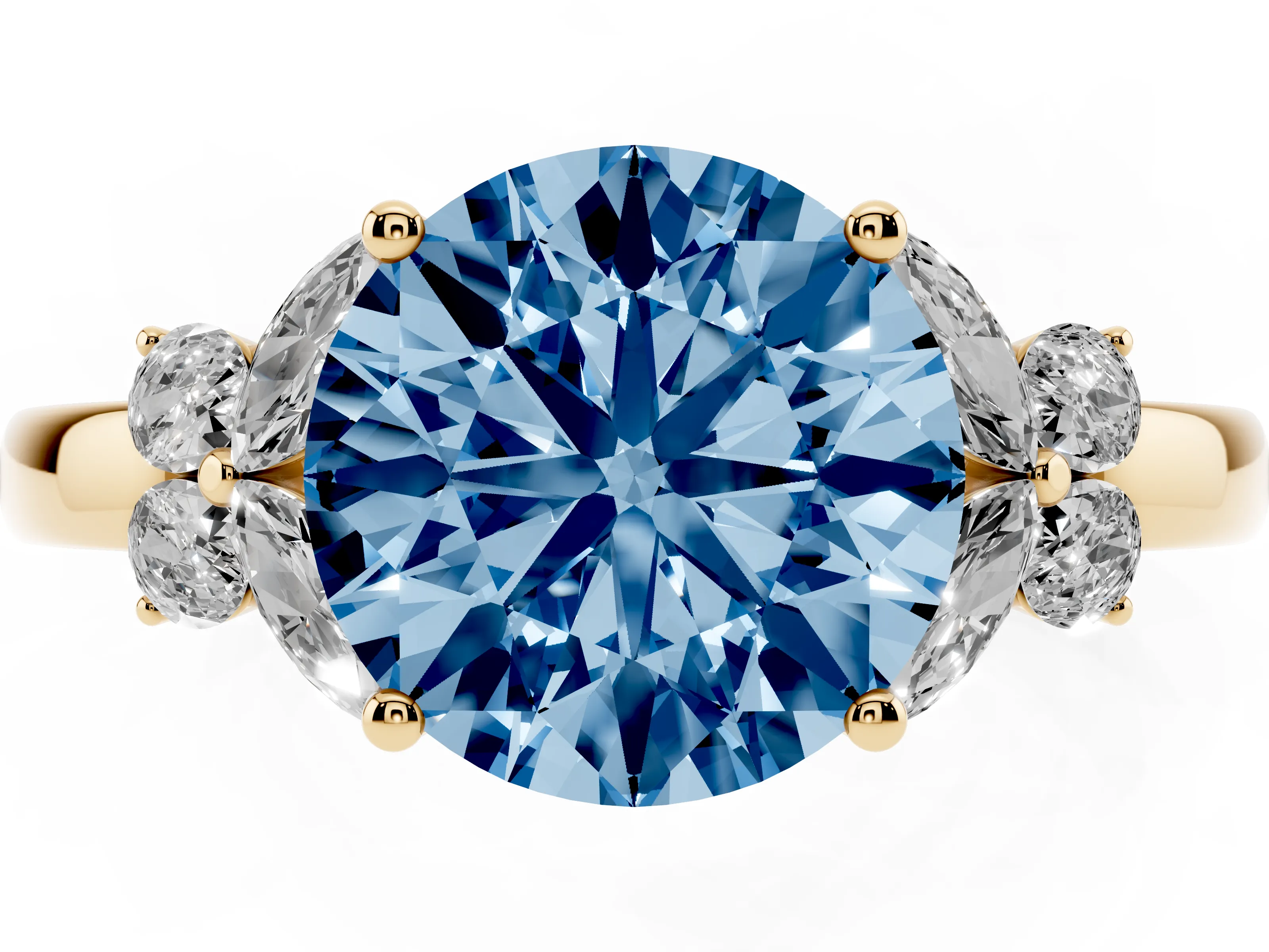 Fancy Blue Round Cut Diamond Solitaire Floral Ring Set in Yellow gold with Marquise Petals and Prong Setting