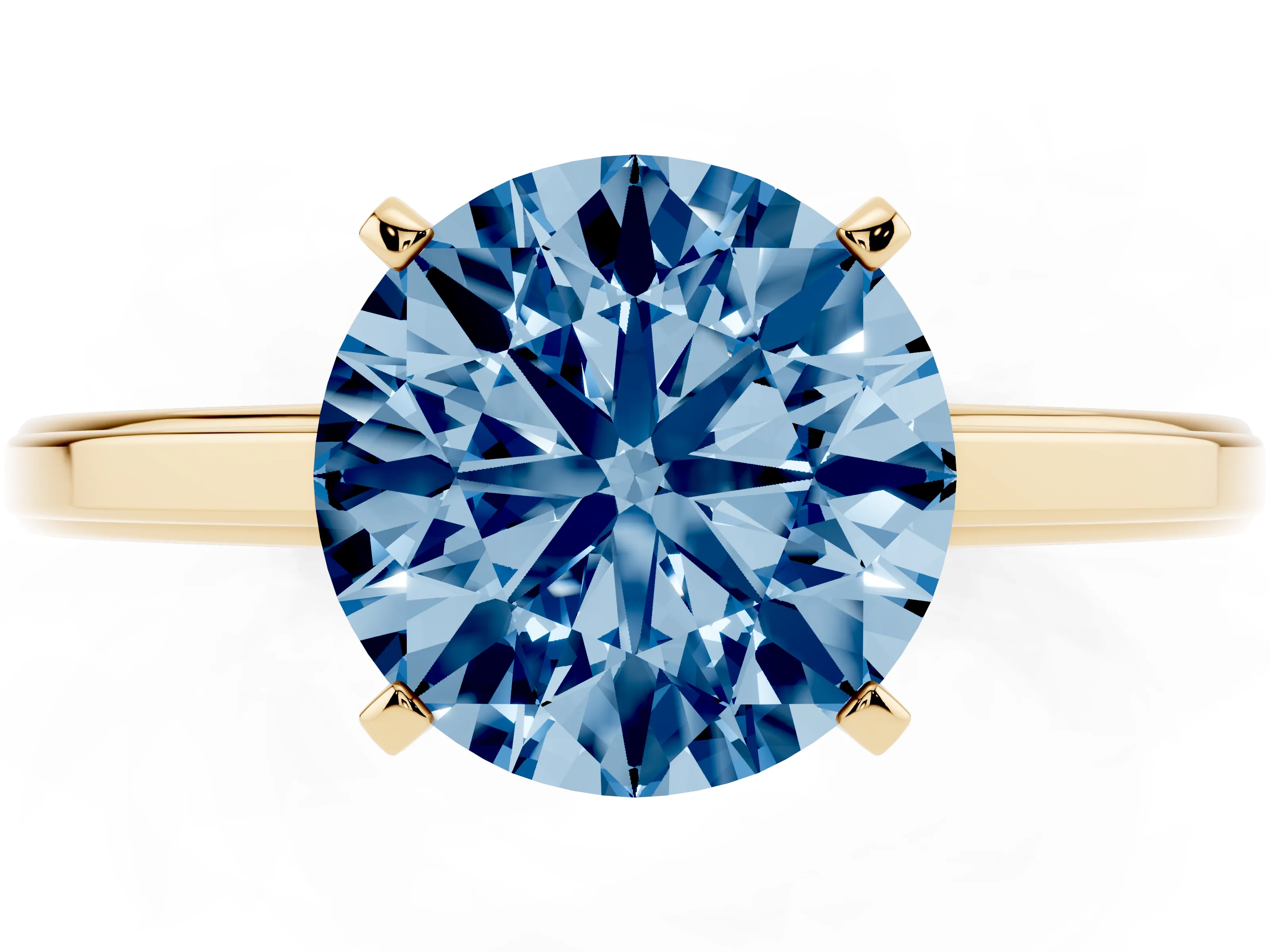 Fancy Blue Round Cut Diamond Solitaire Ring Set in Yellow gold with Prong Setting and Classic Band