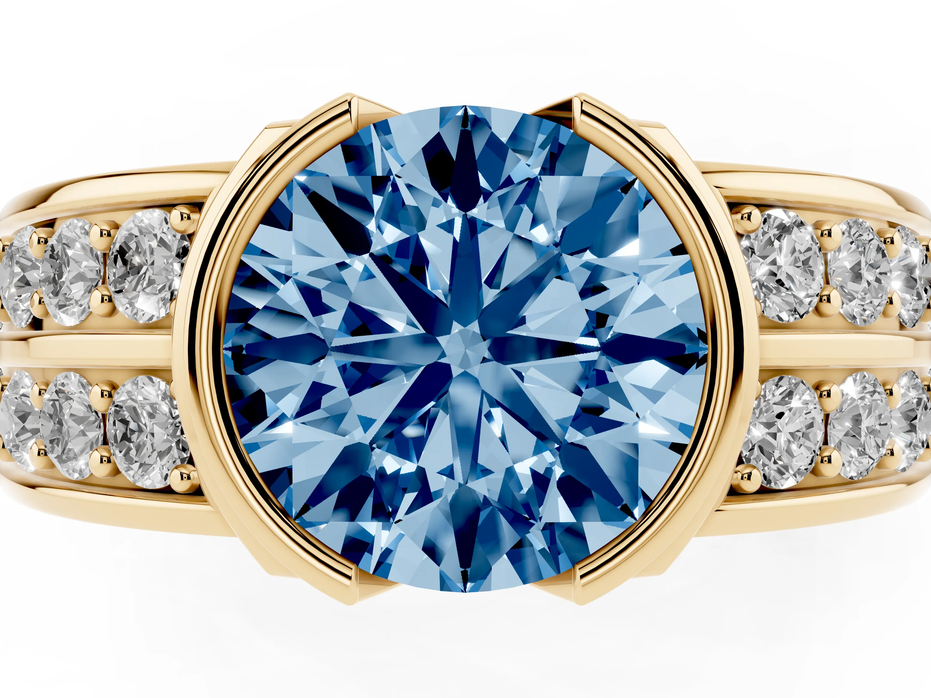 Fancy Blue Round Cut Diamond Wide Channel Set Band Ring Set in Yellow gold with Bezel Setting