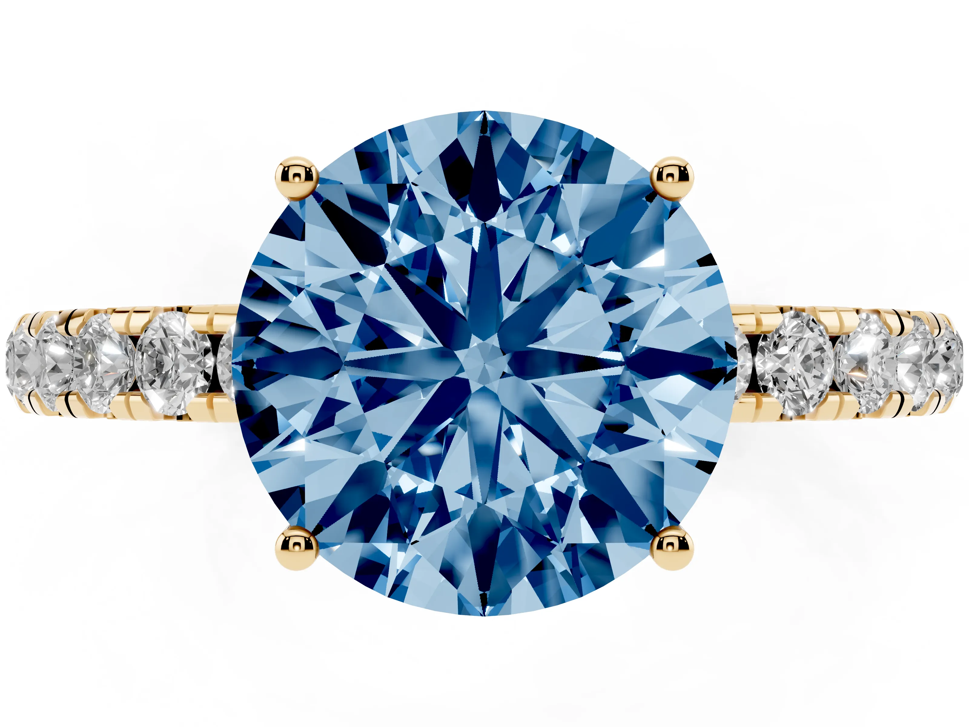 Fancy Blue Round Cut Diamond Pavé Solitaire Engagement Ring Set in Yellow gold with Prong Setting