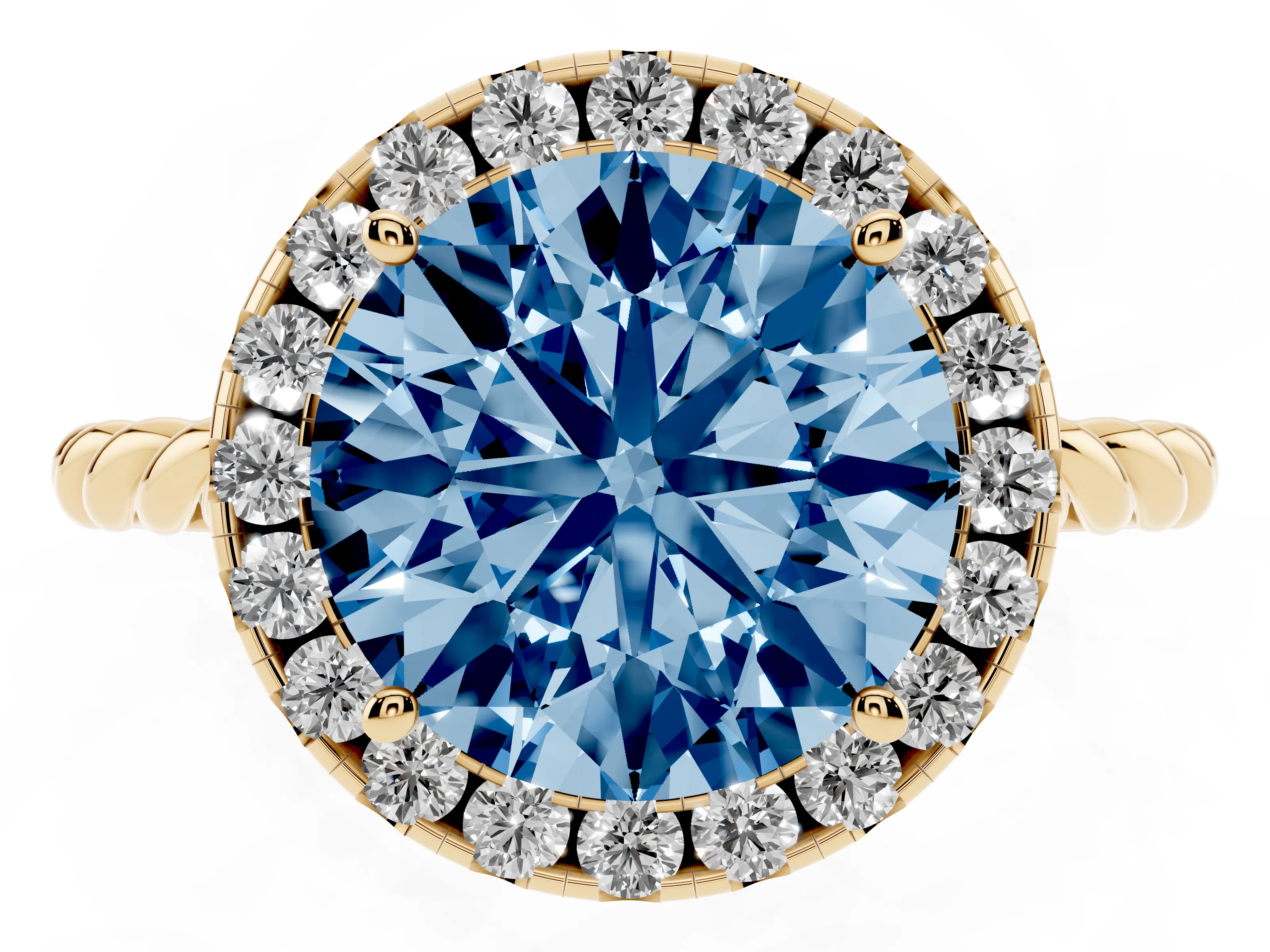 Fancy Blue Round Cut Diamond Halo Ring Set in Yellow gold with Plain Twisted Band