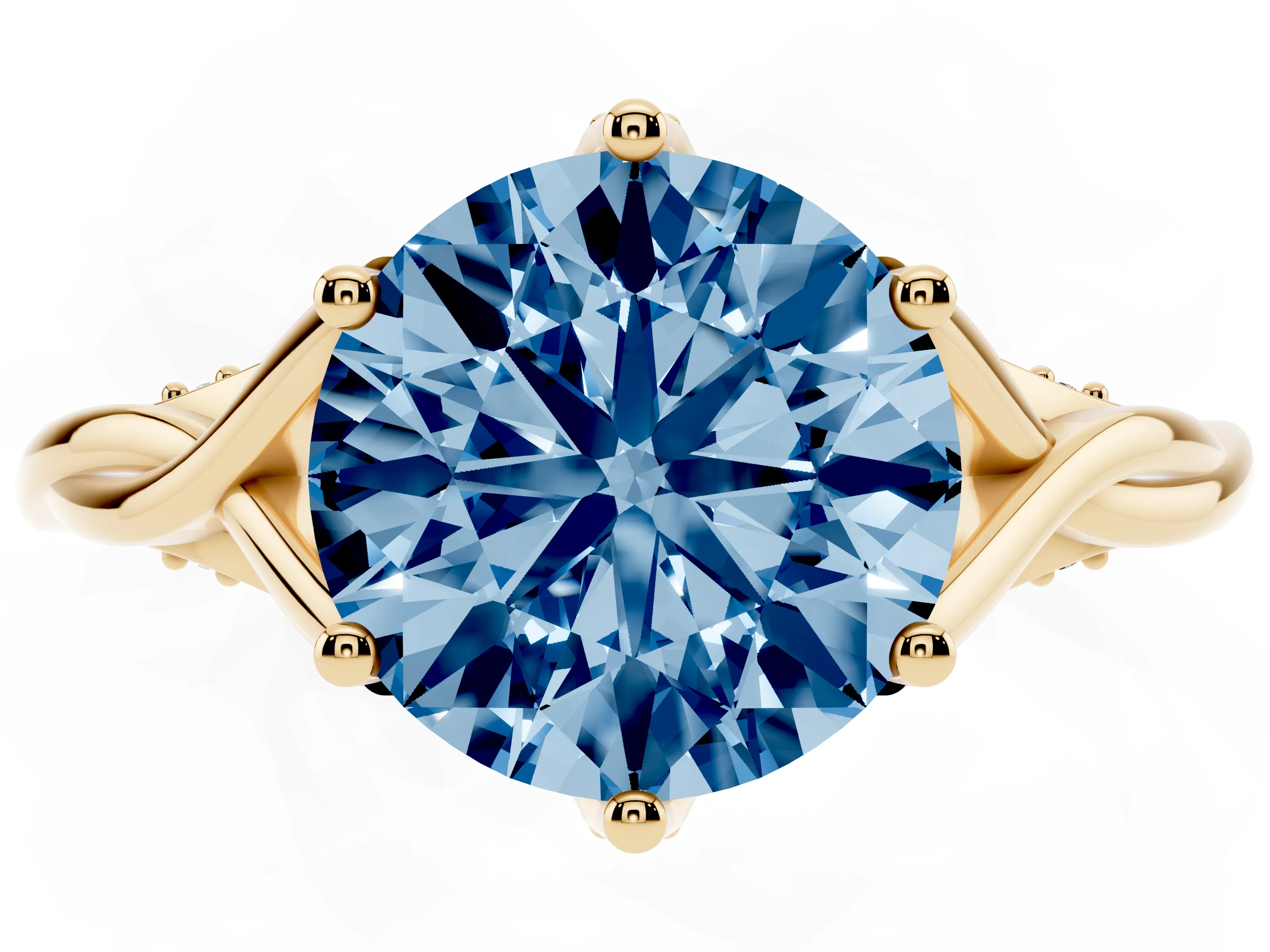 Fancy Blue Round Cut Diamond Intertwined Twist Band Solitaire Ring Set in Yellow gold with Prong Setting