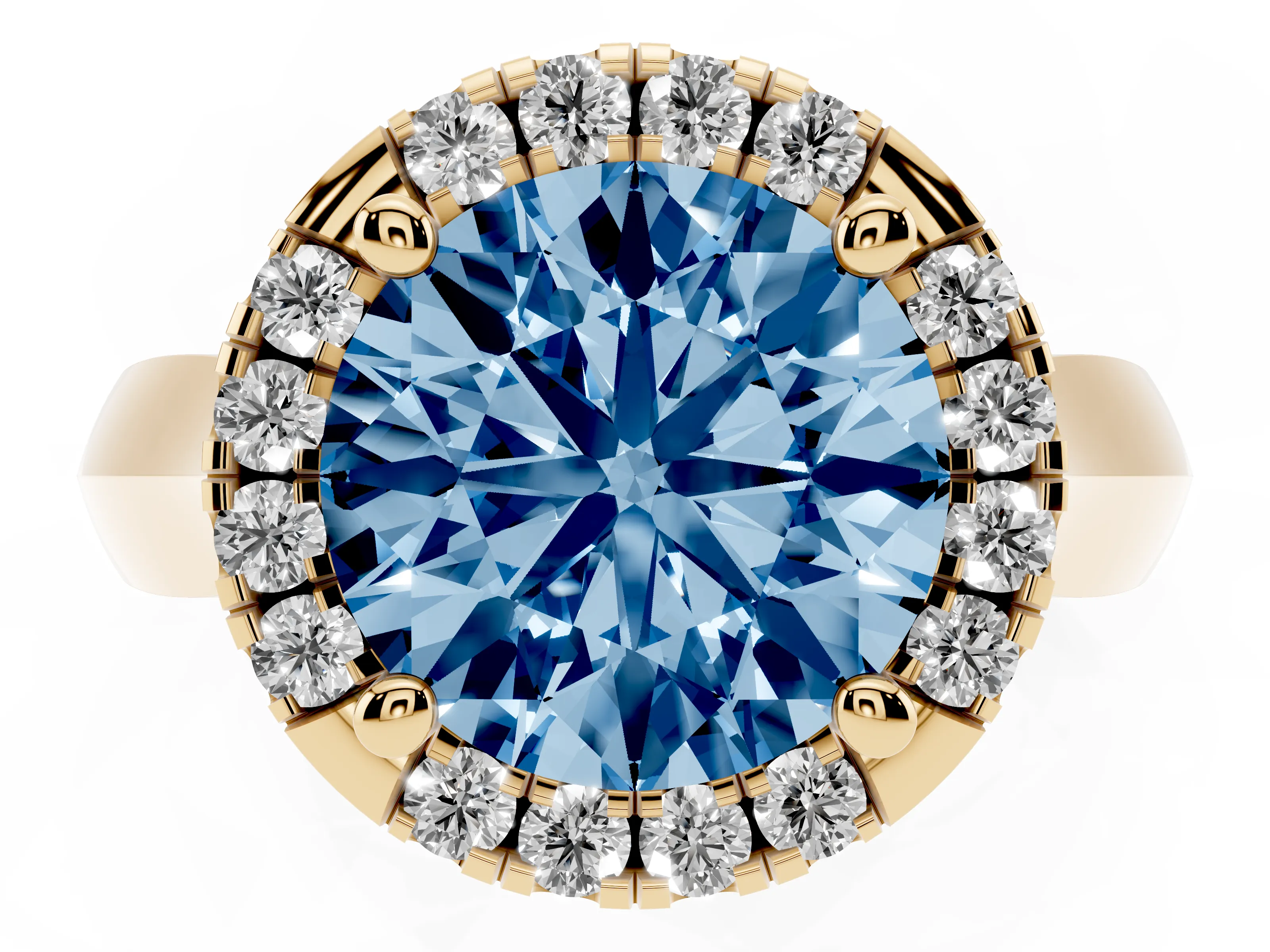 Fancy Blue Round Cut Diamond Halo Solitaire Engagement Ring Set in Yellow gold with Square Band and Prong Setting
