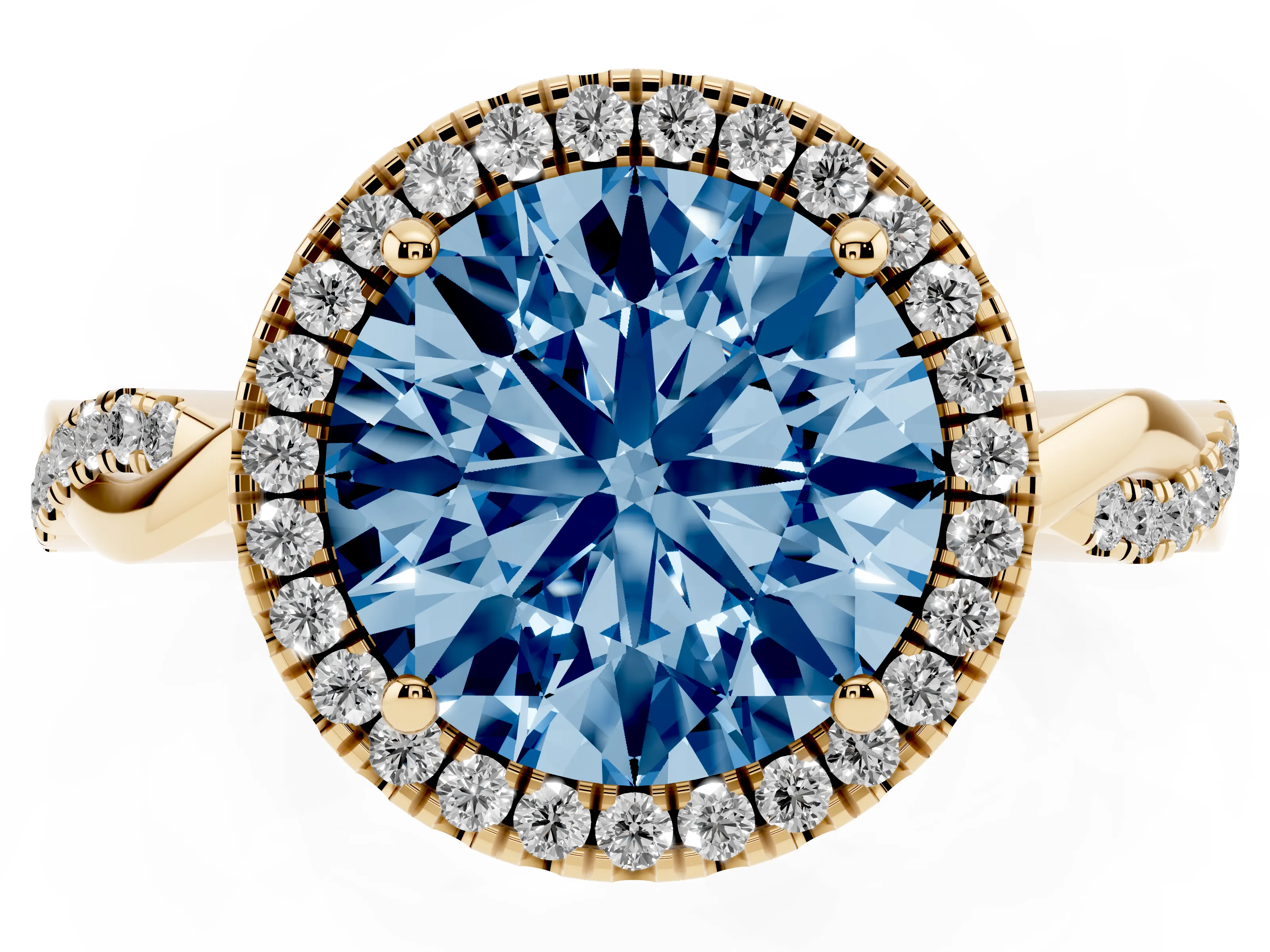 Fancy Blue Round Cut Diamond Halo Twisted Band Ring Set in Yellow gold with Prong Setting