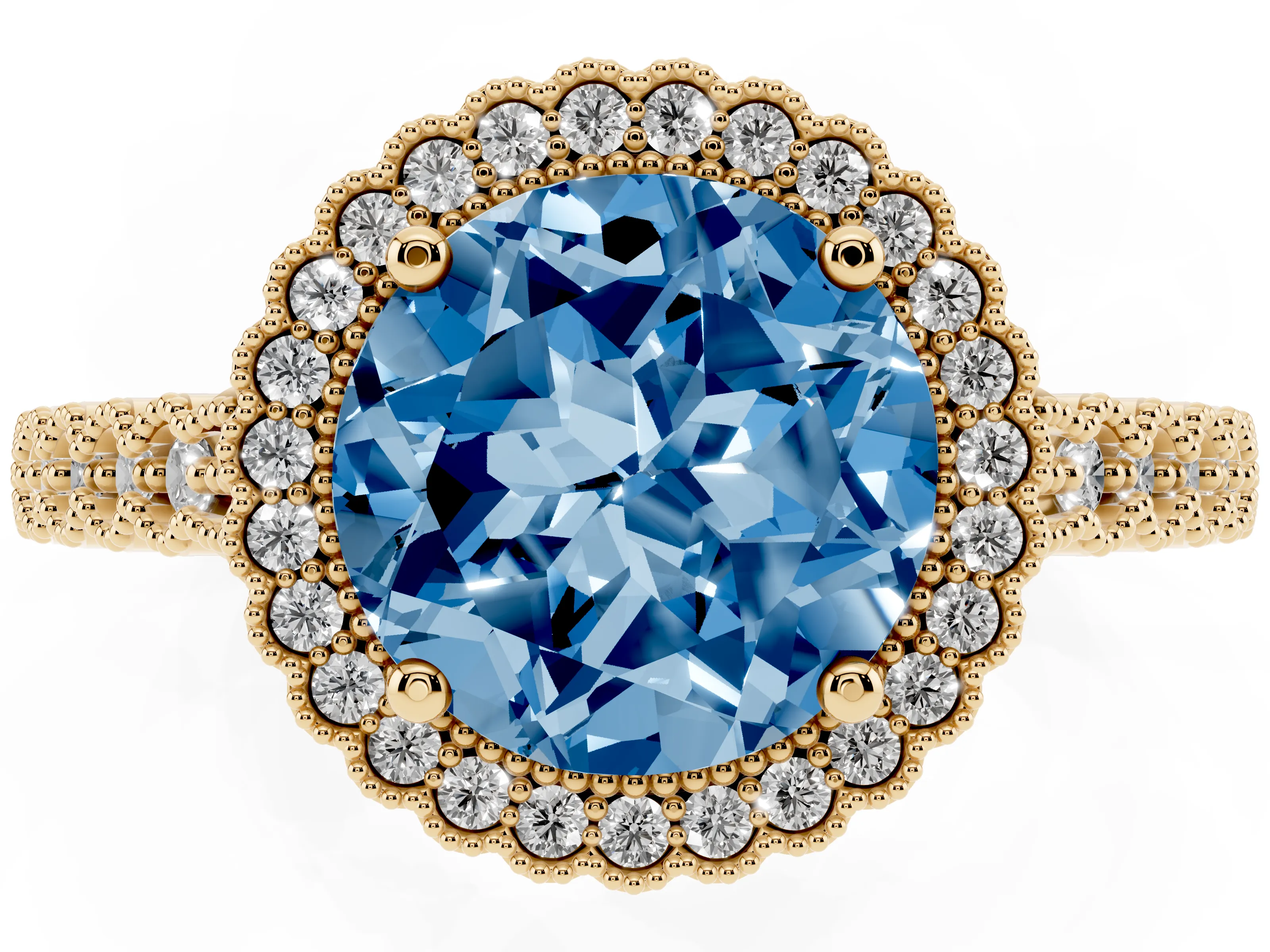 Fancy Blue Round Cut Diamond Halo Ring Set in Yellow gold with Pavé Milgrain Band