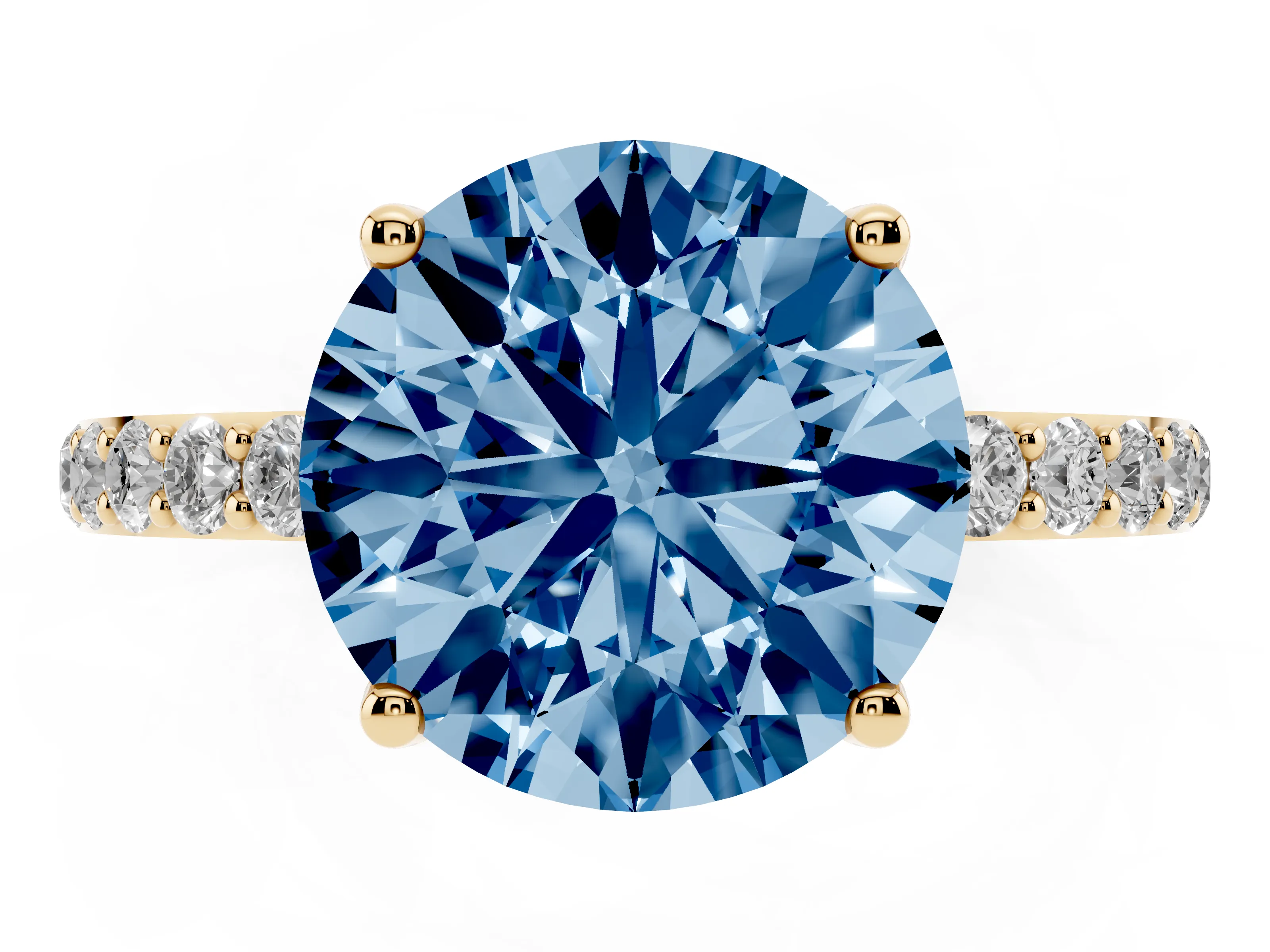 Fancy Blue Round Cut Diamond Solitaire Engagement Ring Set in Yellow gold with Round Pavé Band and Prong Setting
