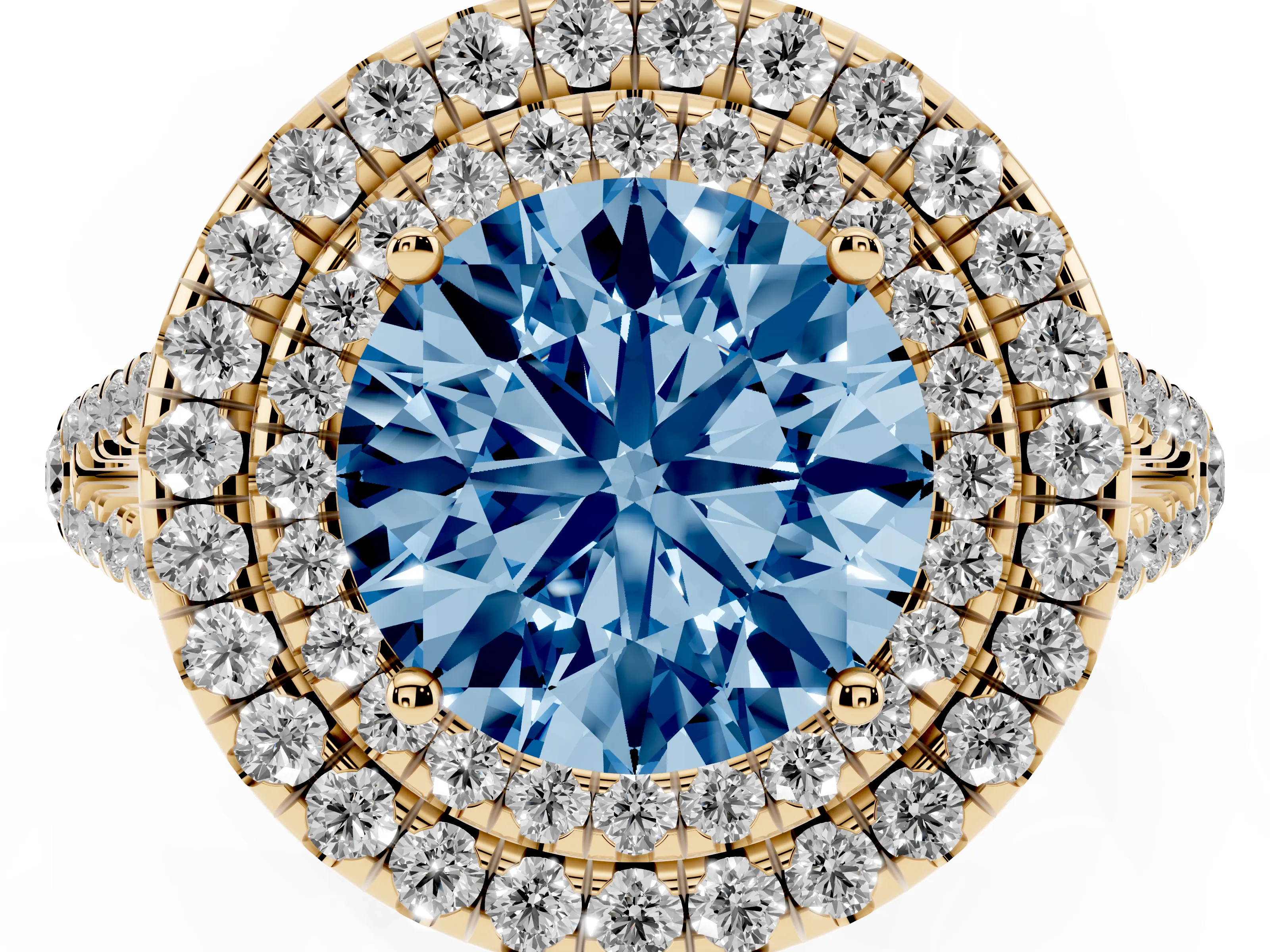 Fancy Blue Round Cut Diamond Double Halo Ring Set in Yellow gold with Pavé Band