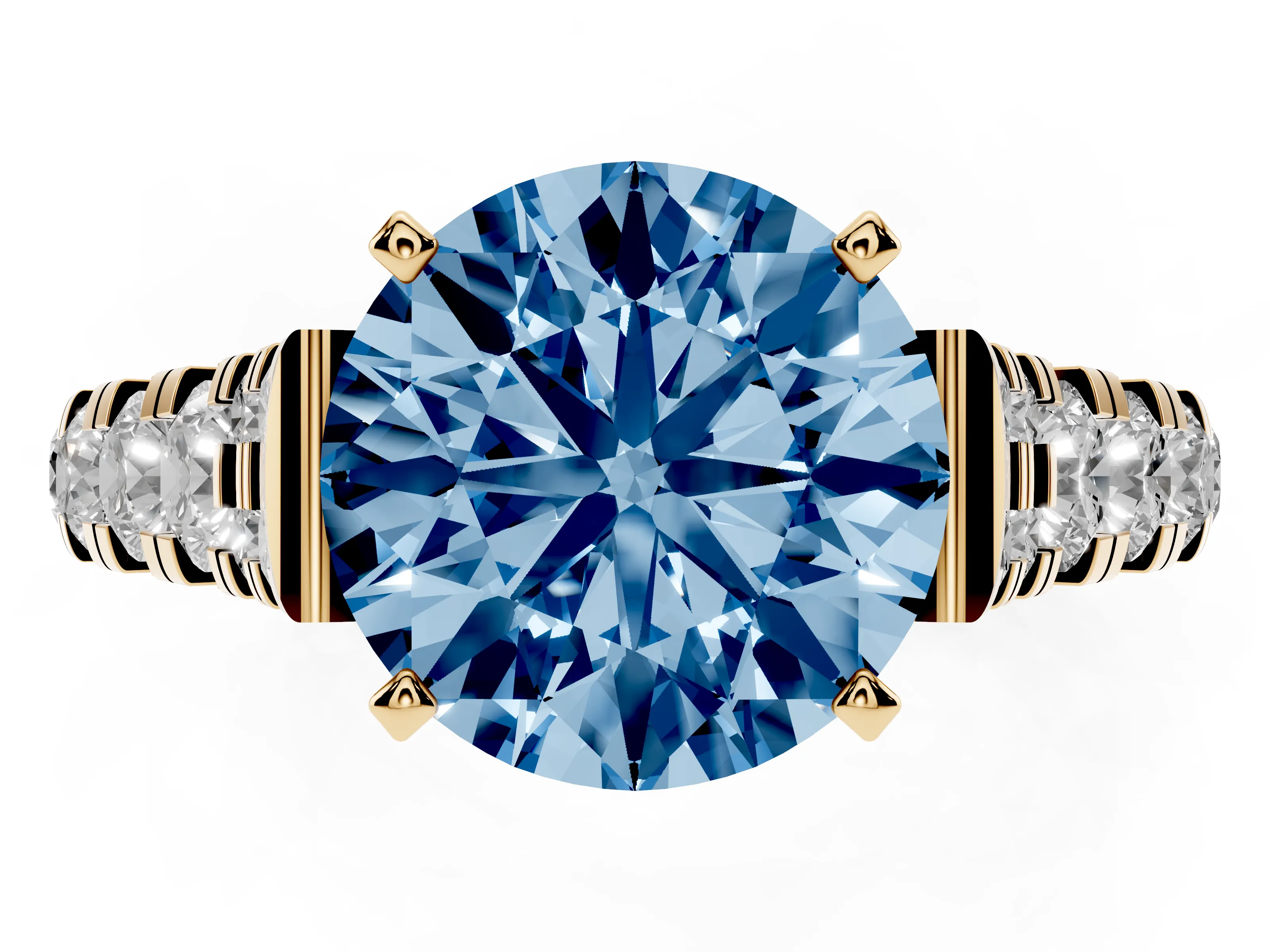 Fancy Blue Round Cut Diamond Classic Solitaire Ring Set in Yellow gold with Pavé Band and Prong Setting
