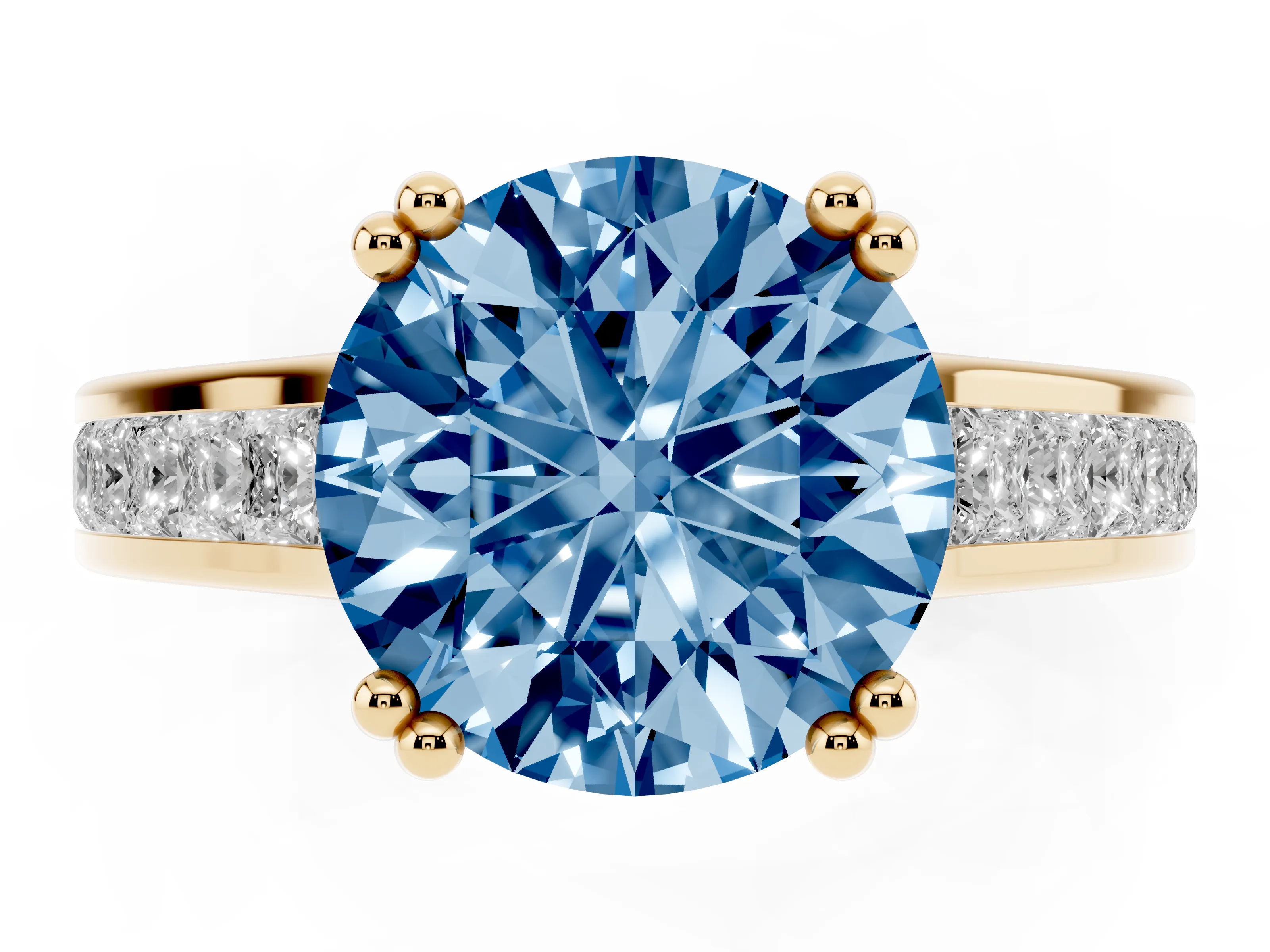 Fancy Blue Round Cut Diamond Channel Set Solitaire Engagement Ring Set in Yellow gold with Prong Setting