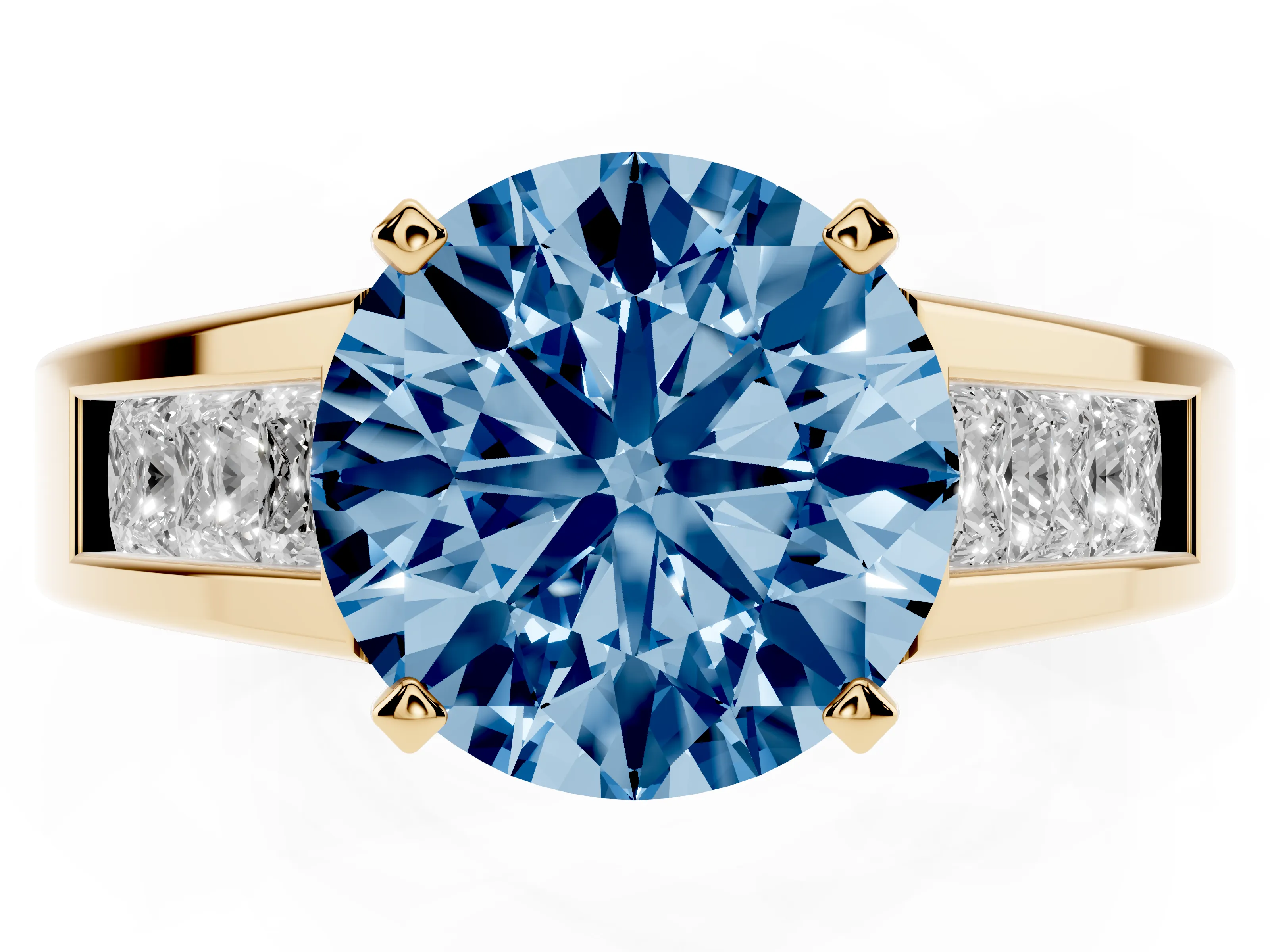 Fancy Blue Round Cut Diamond Solitaire Ring Set in Yellow gold with Channel-Set Accent Stones and Prong Setting