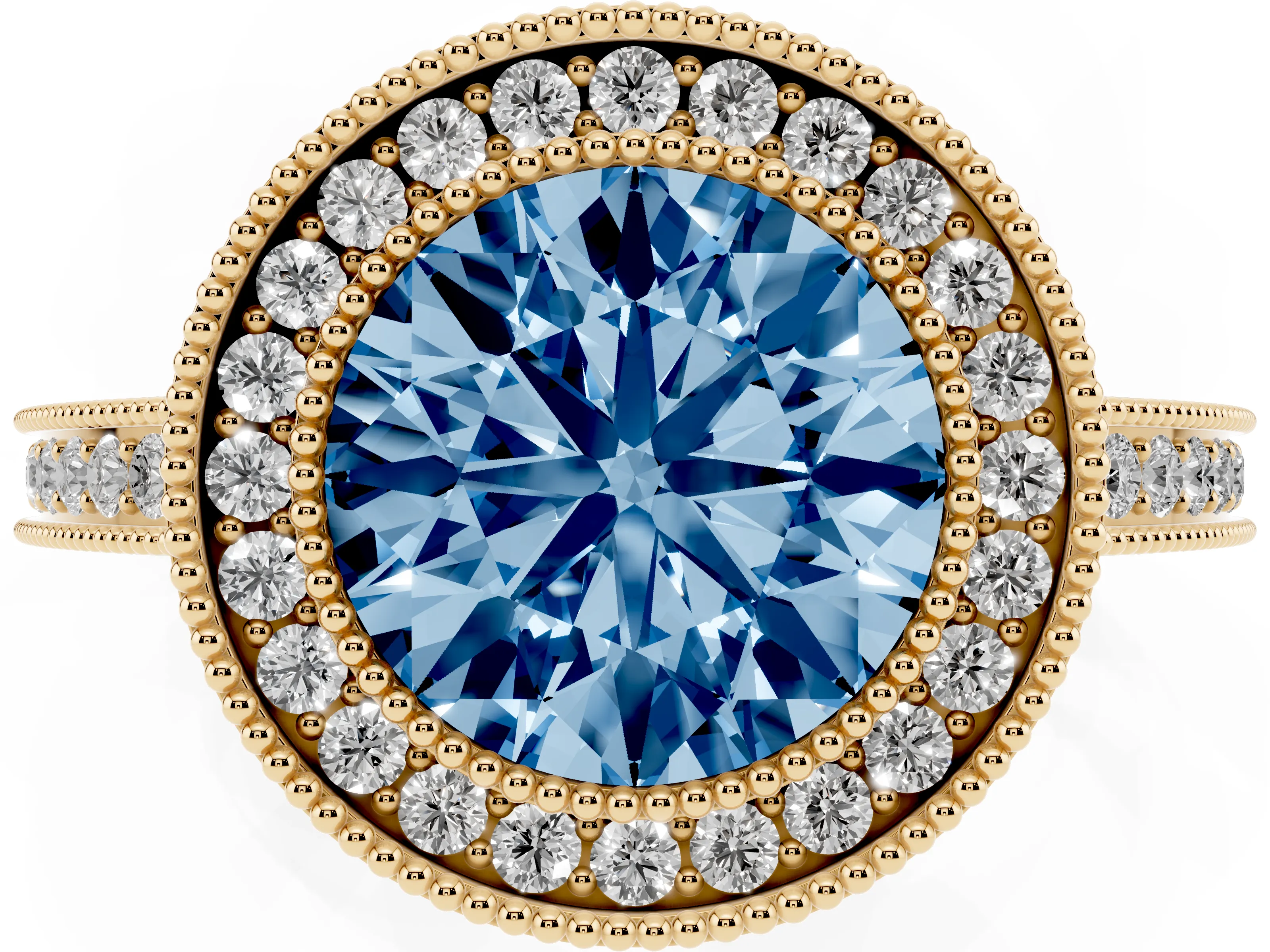 Fancy Blue Round Cut Diamond Halo Ring Set in Yellow gold with Pavé Band and Milgrain-Edged Prongs