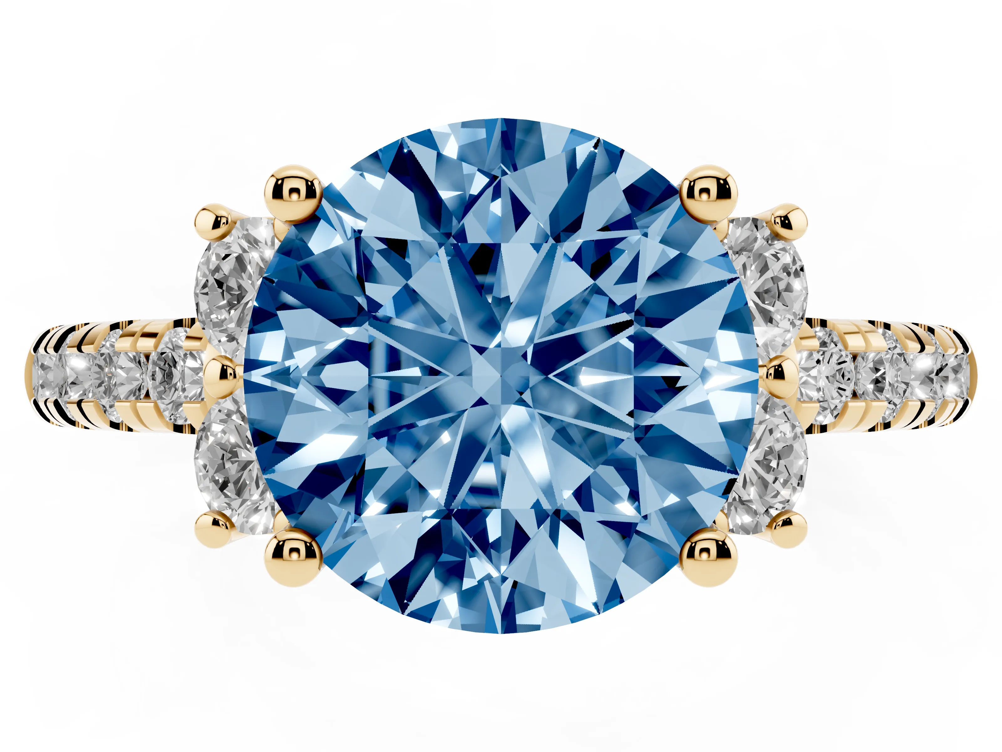 Fancy Blue Round Cut Diamond Three-Stone Pavé Ring Set in Yellow gold with Prong Setting