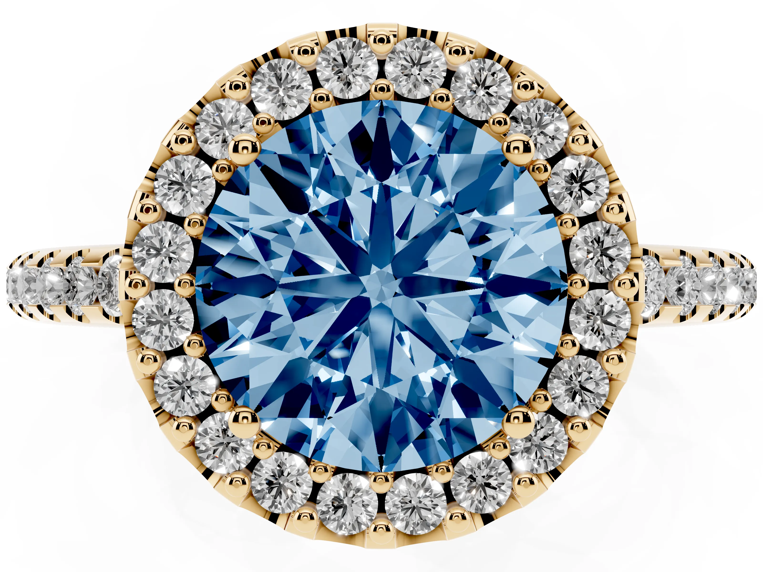 Fancy Blue Round Cut Diamond Pavé Halo Ring Set in Yellow gold with Prong Setting