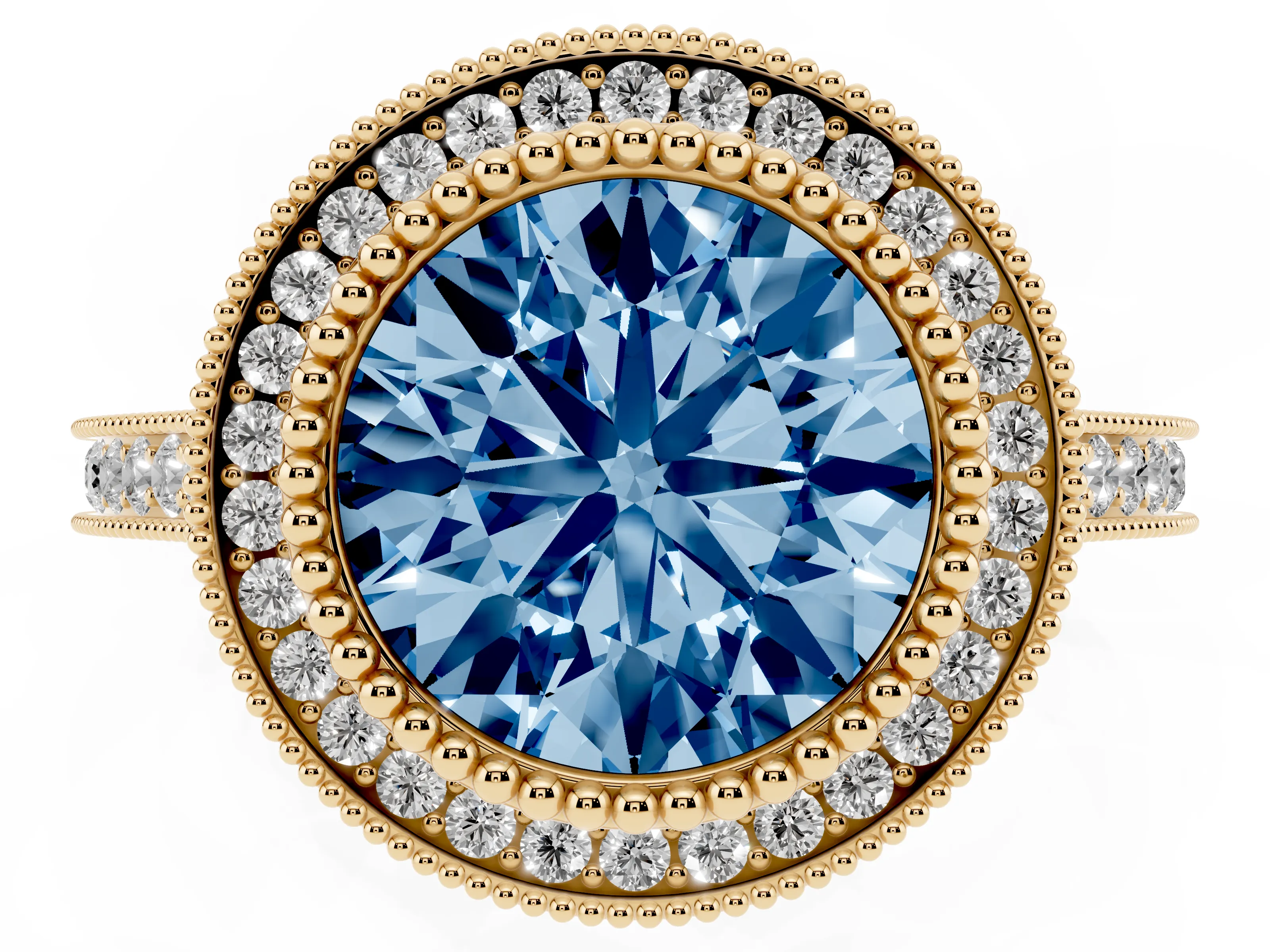 Fancy Blue Round Cut Diamond Halo Ring Set in Yellow gold with Milgrain Frame and Pavé Band