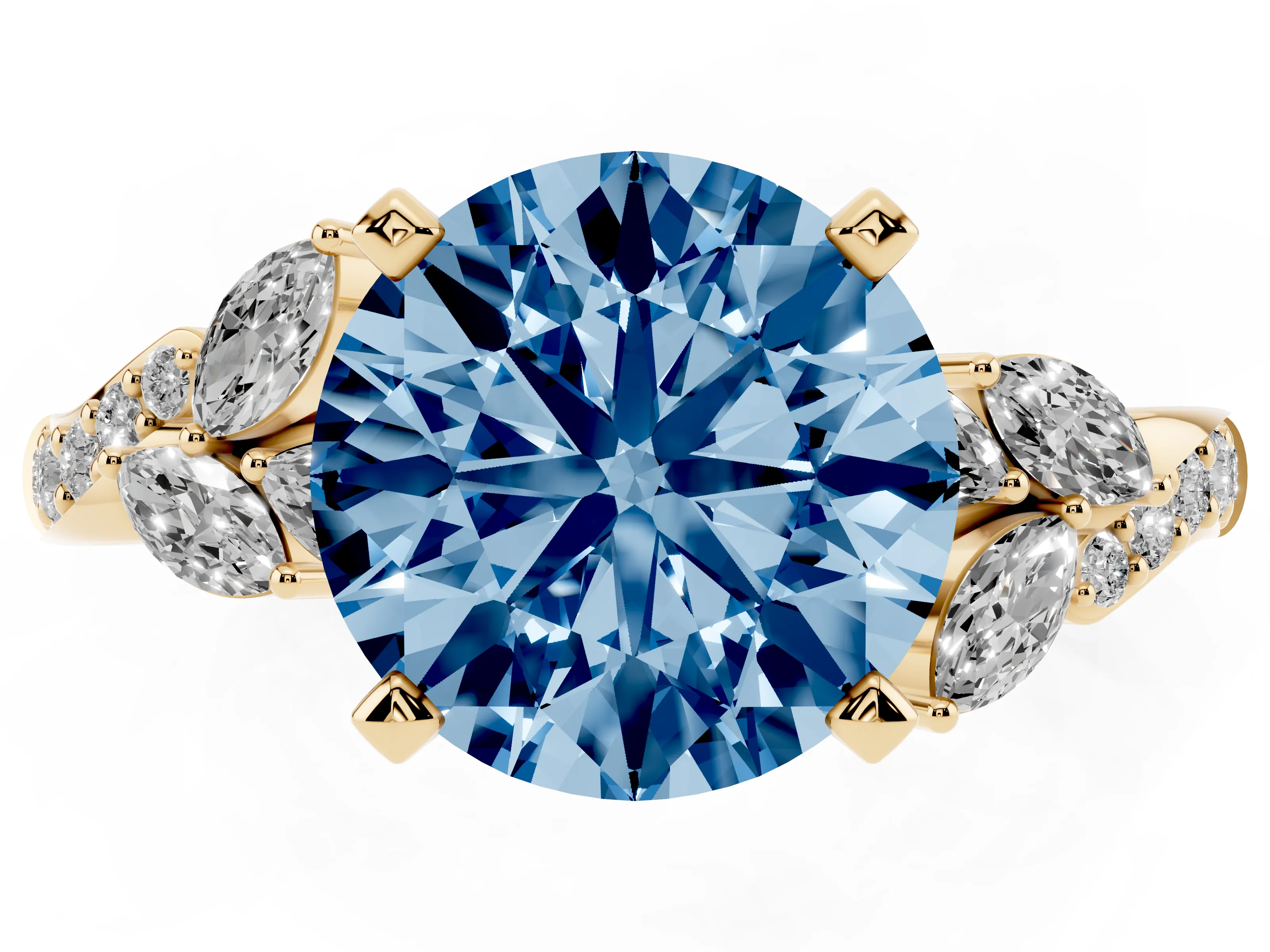 Fancy Blue Round Cut Diamond Solitaire Ring Set in Yellow gold with Marquise Twist Band and Prong Setting