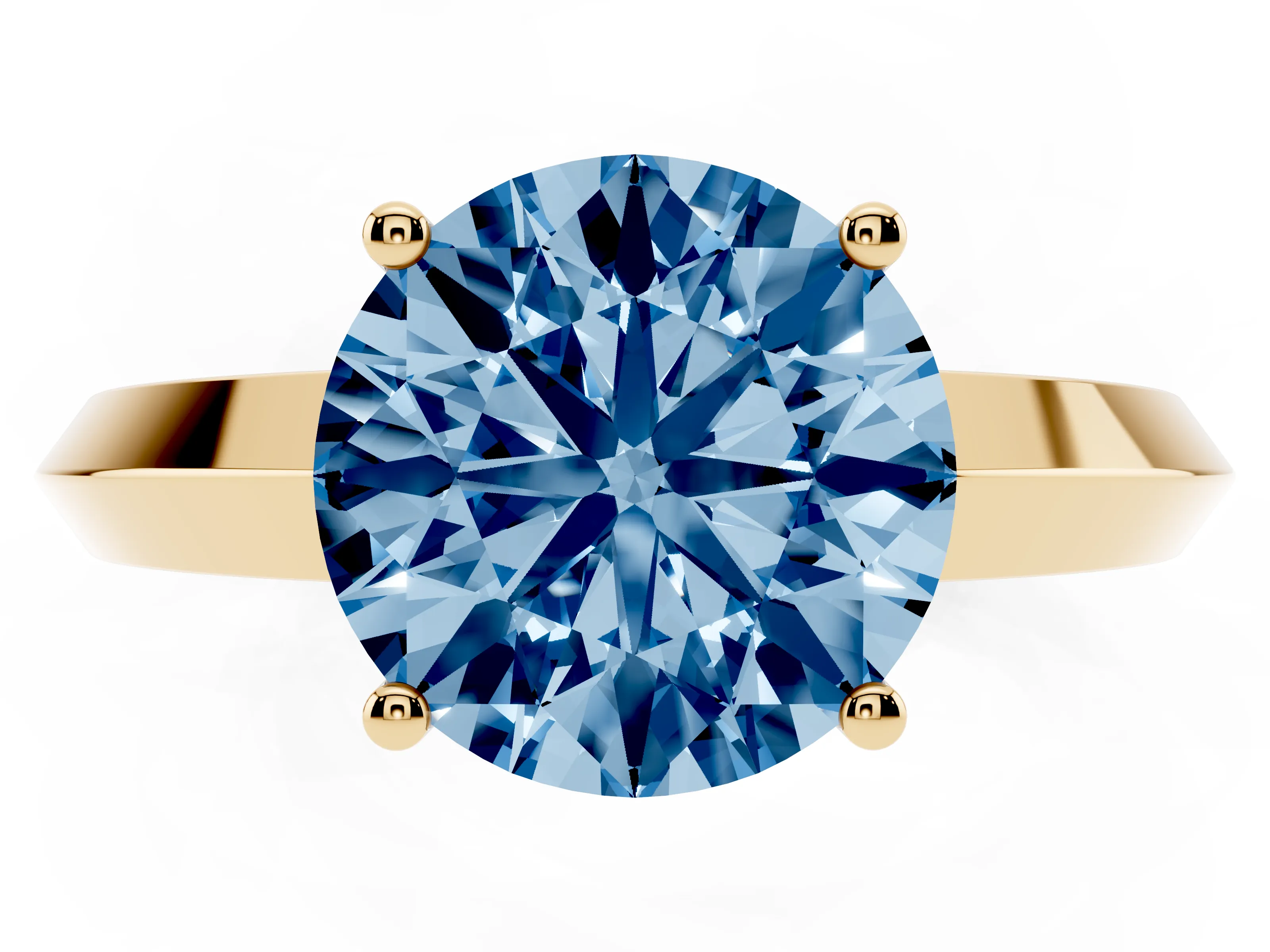 Fancy Blue Round Cut Diamond Solitaire Engagement Ring Set in Yellow gold with Flat Band and Prong Setting
